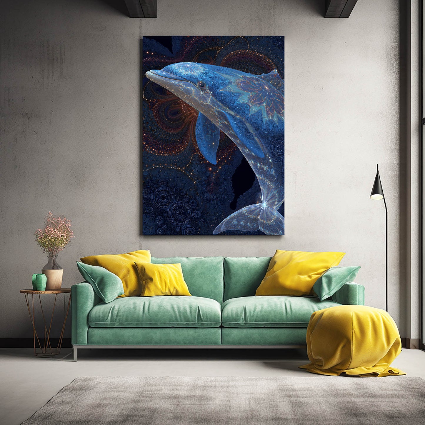 Amber Mandala Dolphin Art – styled in a furnished interior
