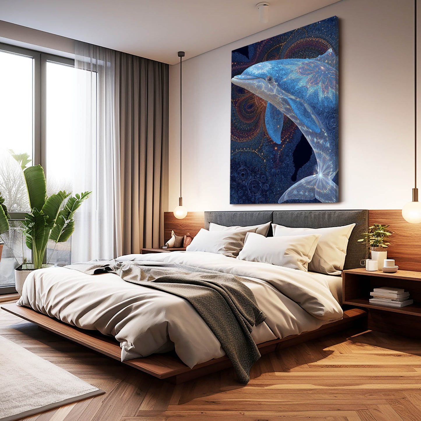 Amber Mandala Dolphin Art – styled in a furnished interior
