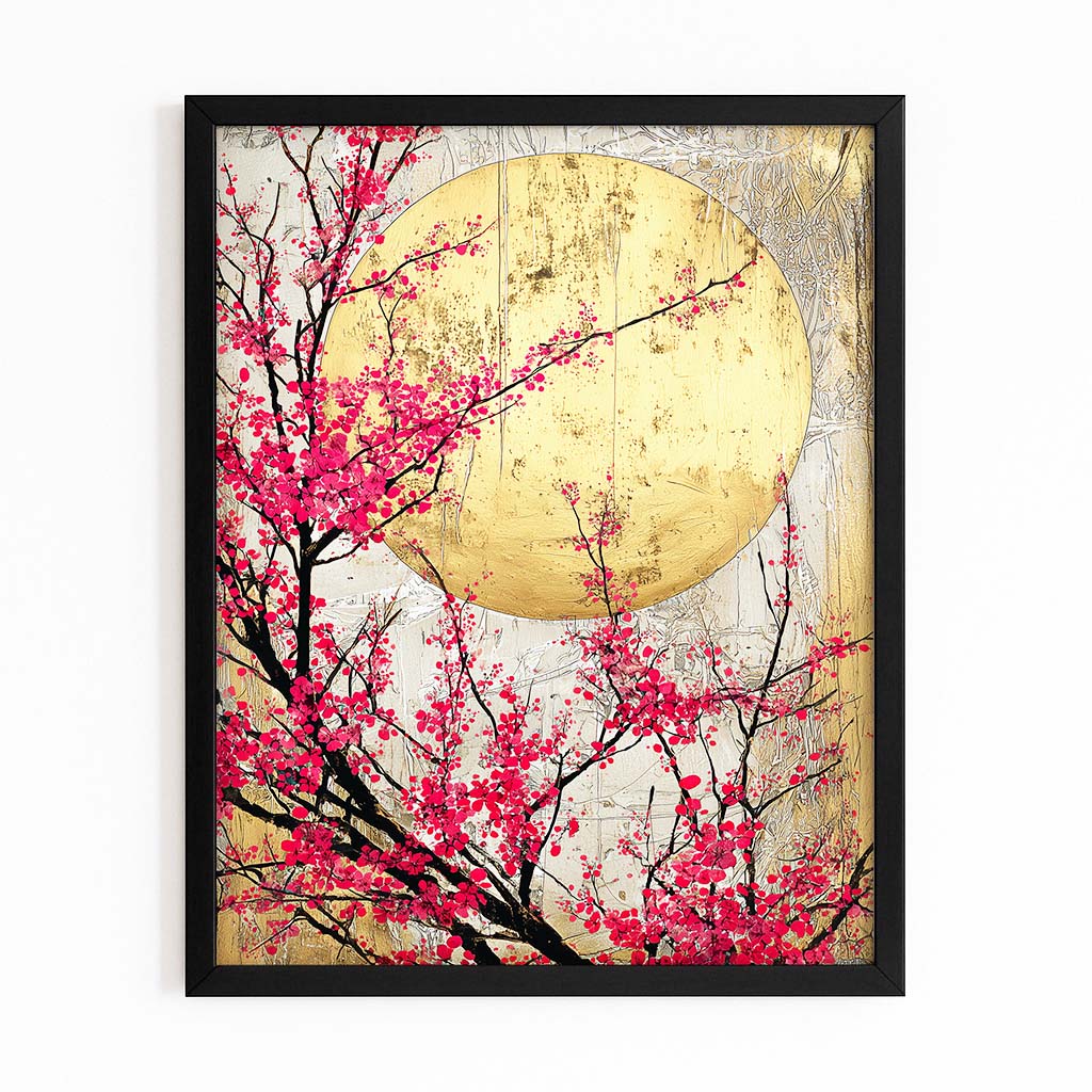 Amber Moon Branch Cherry Blossom Wall Decor – with Premium Black frame on white background