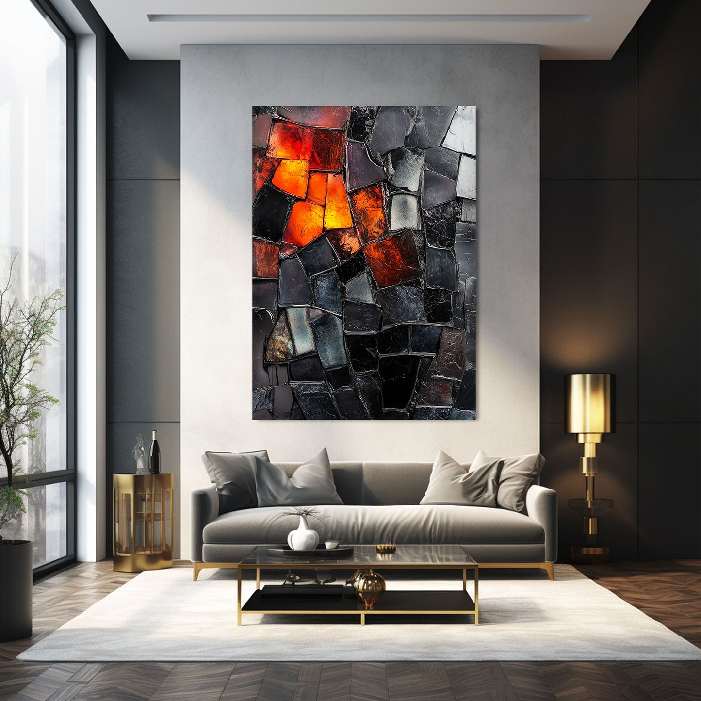 Amber Mosaic Shards Abstract Wall Decor – styled in a furnished interior