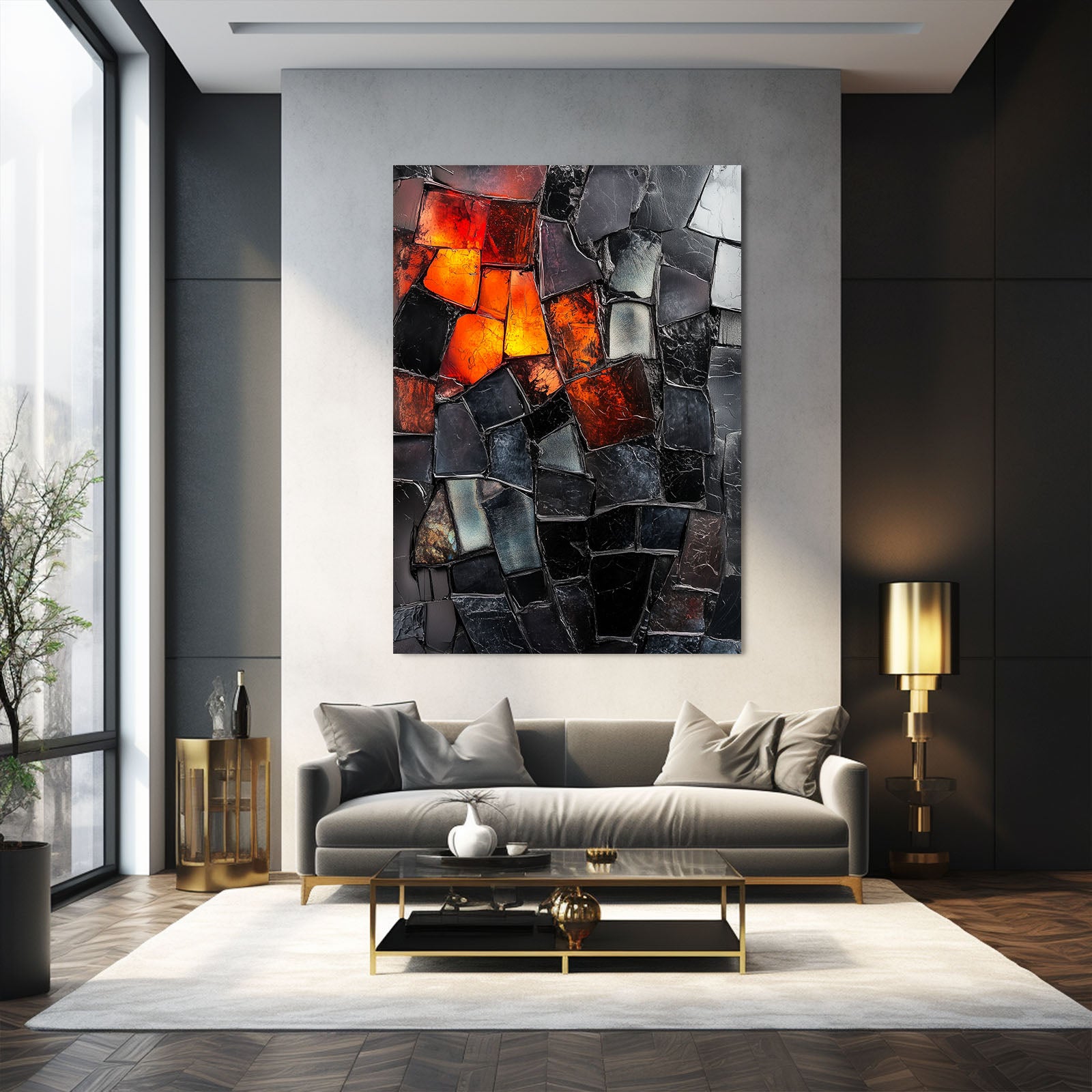 Amber Mosaic Shards Abstract Wall Decor – styled in a furnished interior