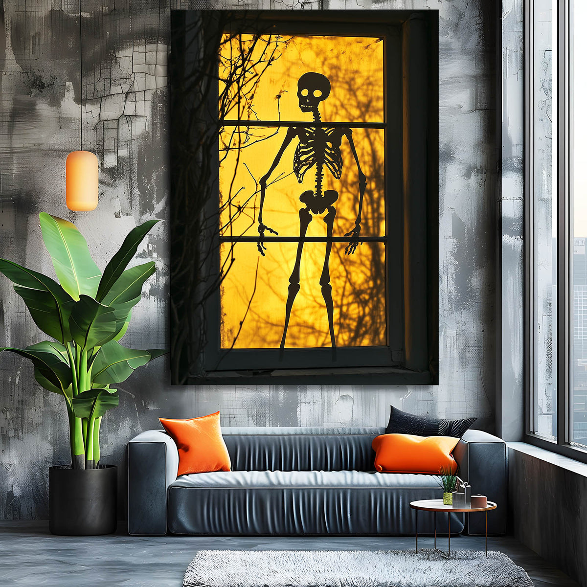Amber Window Skull Art — contemporary canvas print, styled in a furnished interior