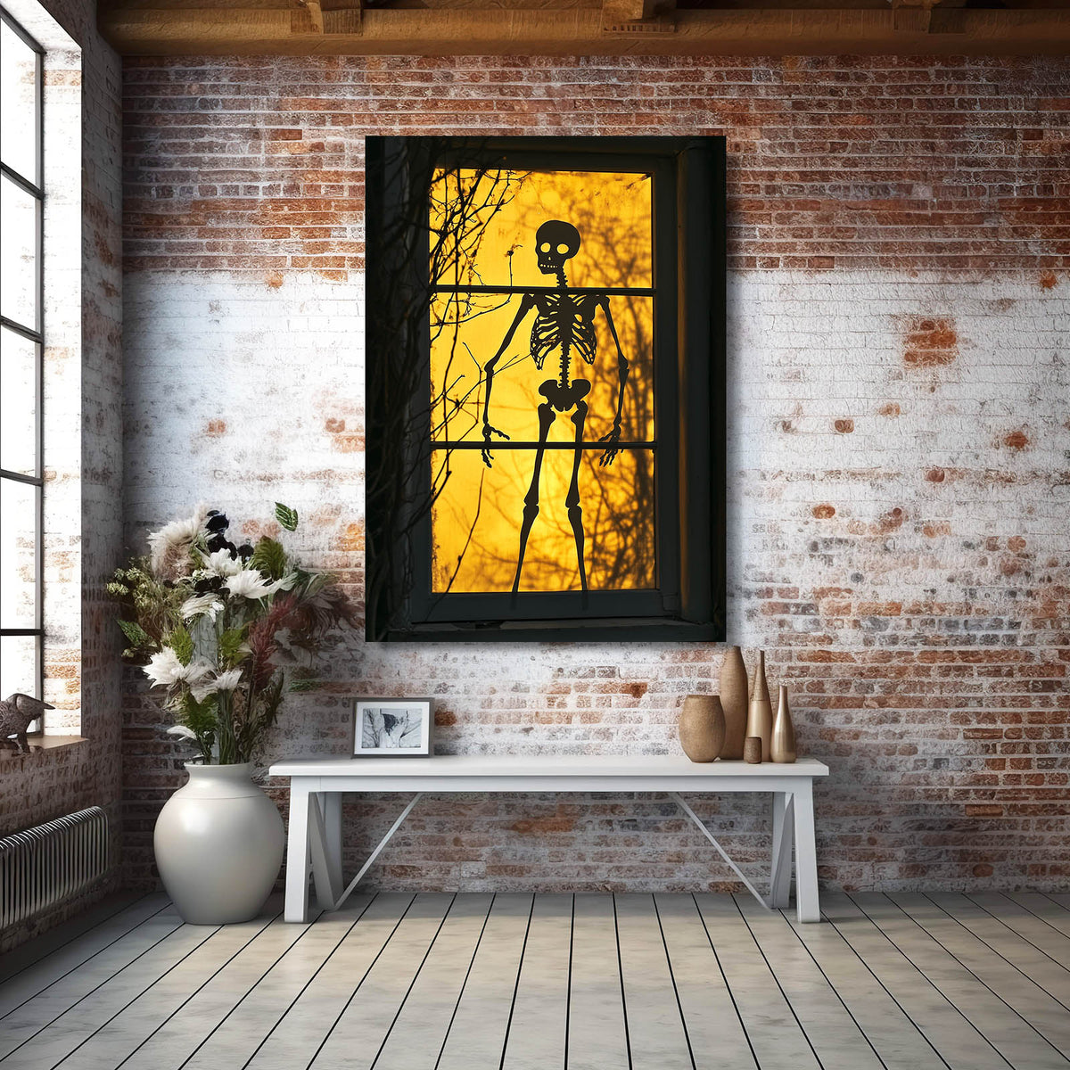 Amber Window Skull Art — contemporary canvas print, styled in a furnished interior