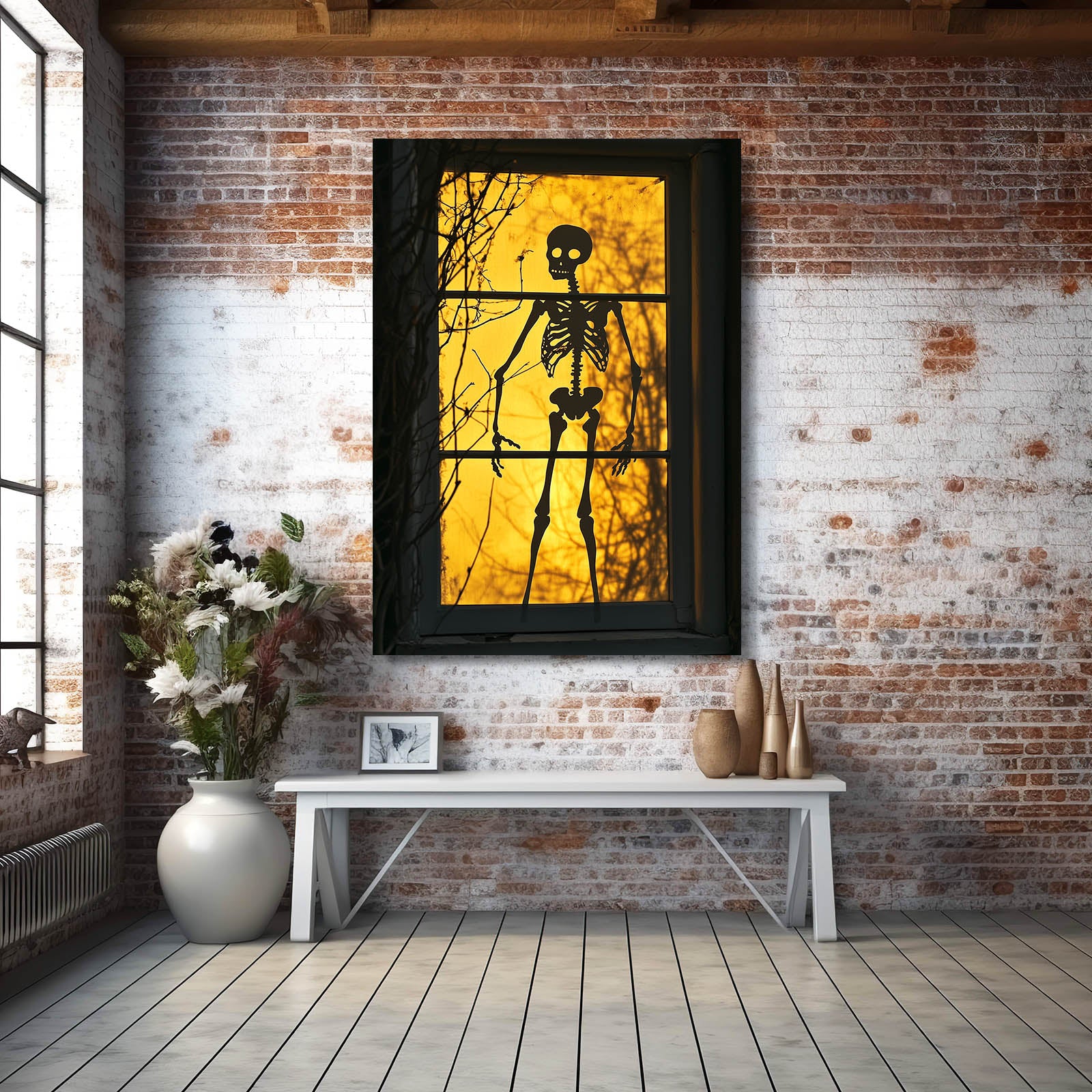 Amber Window Skull Art — contemporary canvas print, styled in a furnished interior