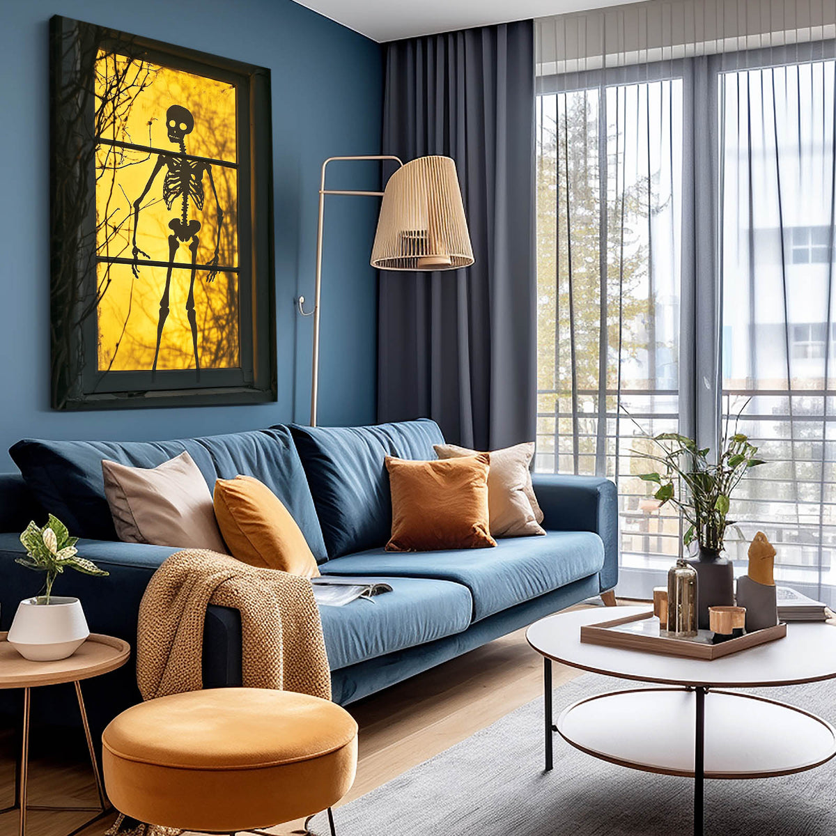 Amber Window Skull Art — contemporary canvas print, styled in a furnished interior