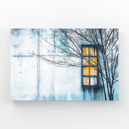 Amber Window Wall Art Photography – bare winter branches over weathered wall with glowing amber window