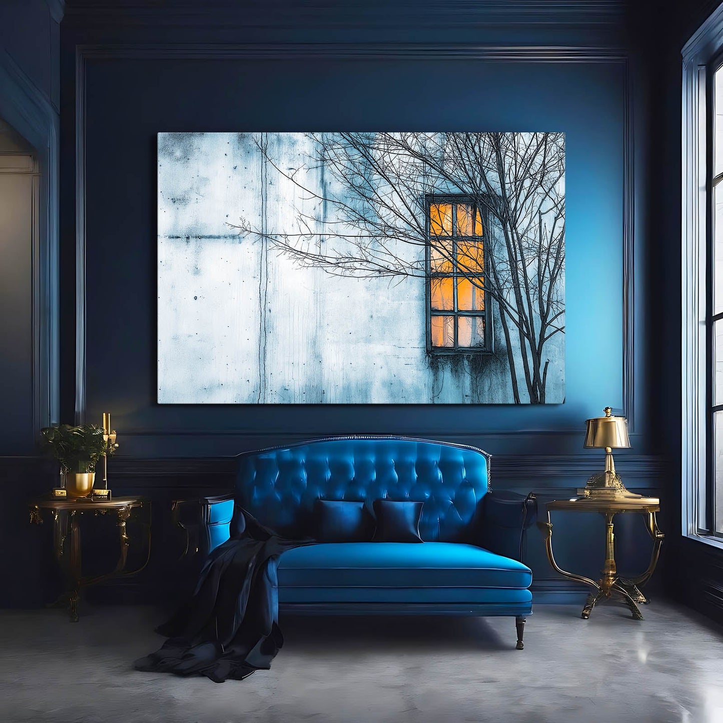 Amber Window Wall Art Photography – above a blue velvet sofa on a navy wall