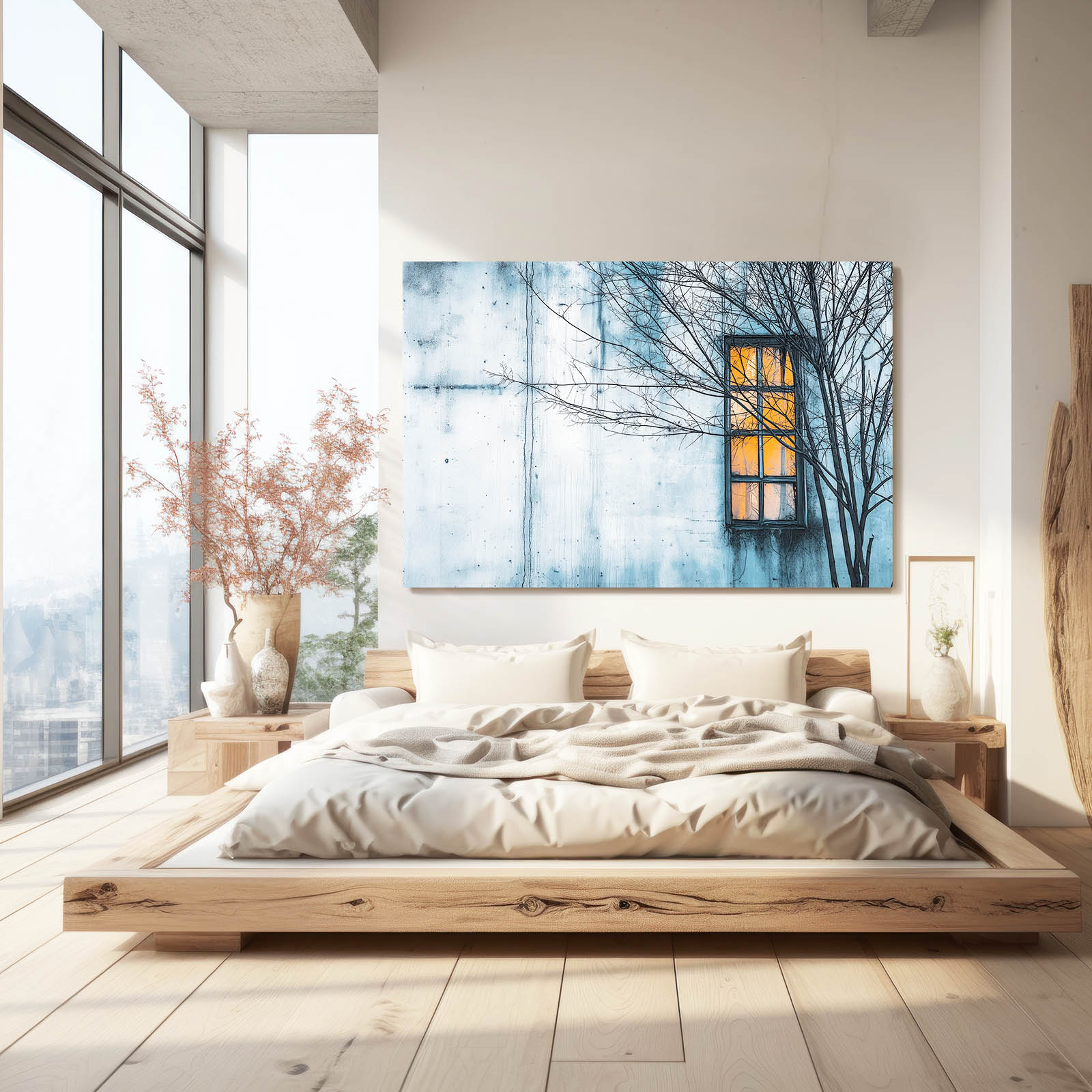 Amber Window Wall Art Photography – in a pale platform-bed bedroom