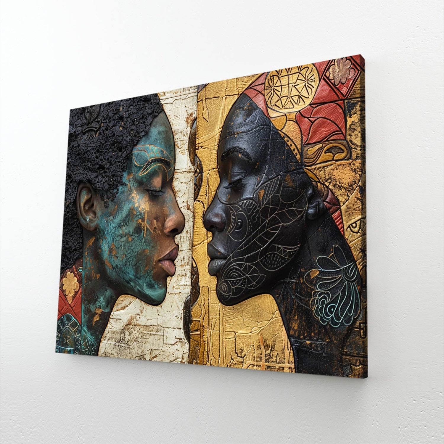 Ancestral Dialogue African Wall Art — african art canvas print in brown tones, angled canvas view on white background
