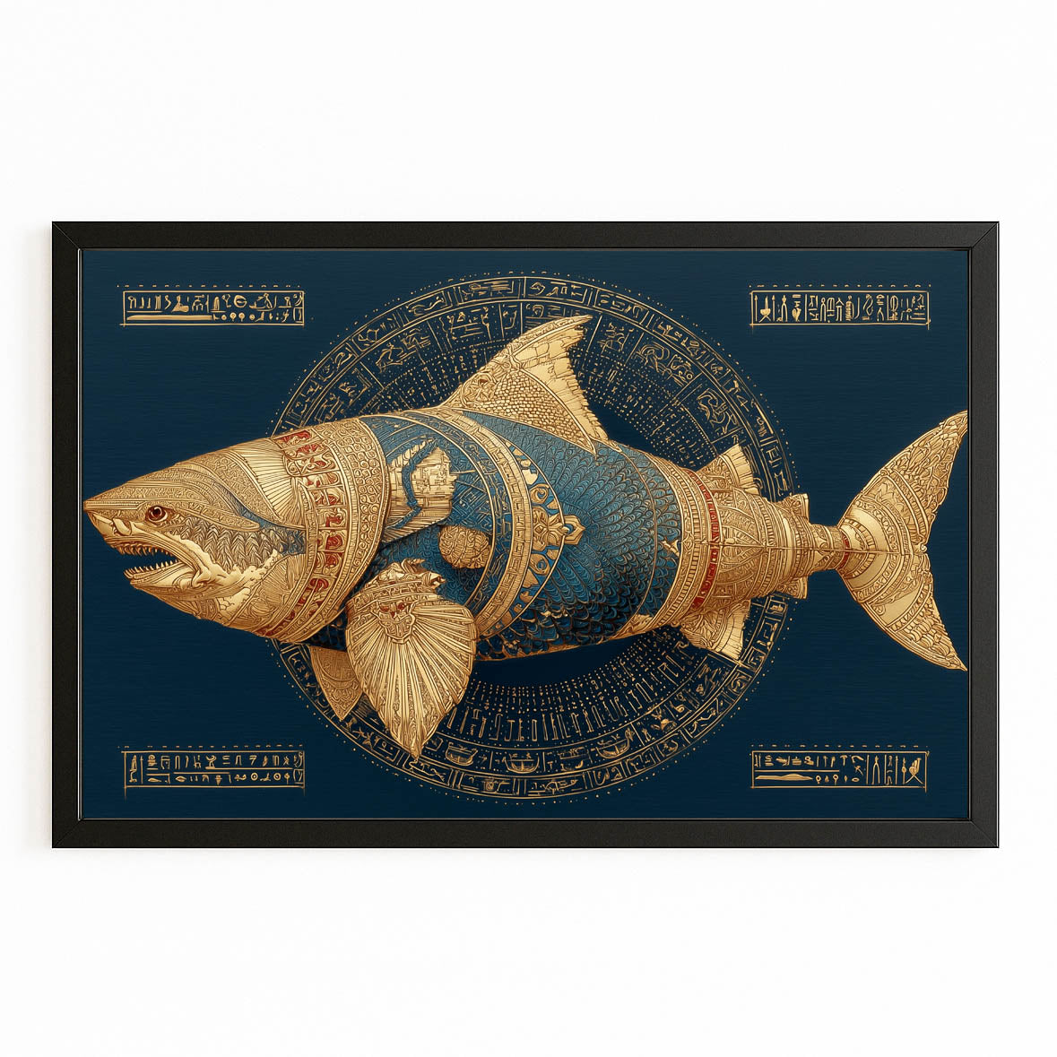 Ancient Gold Emblem Shark Art – with Premium Black frame on white background