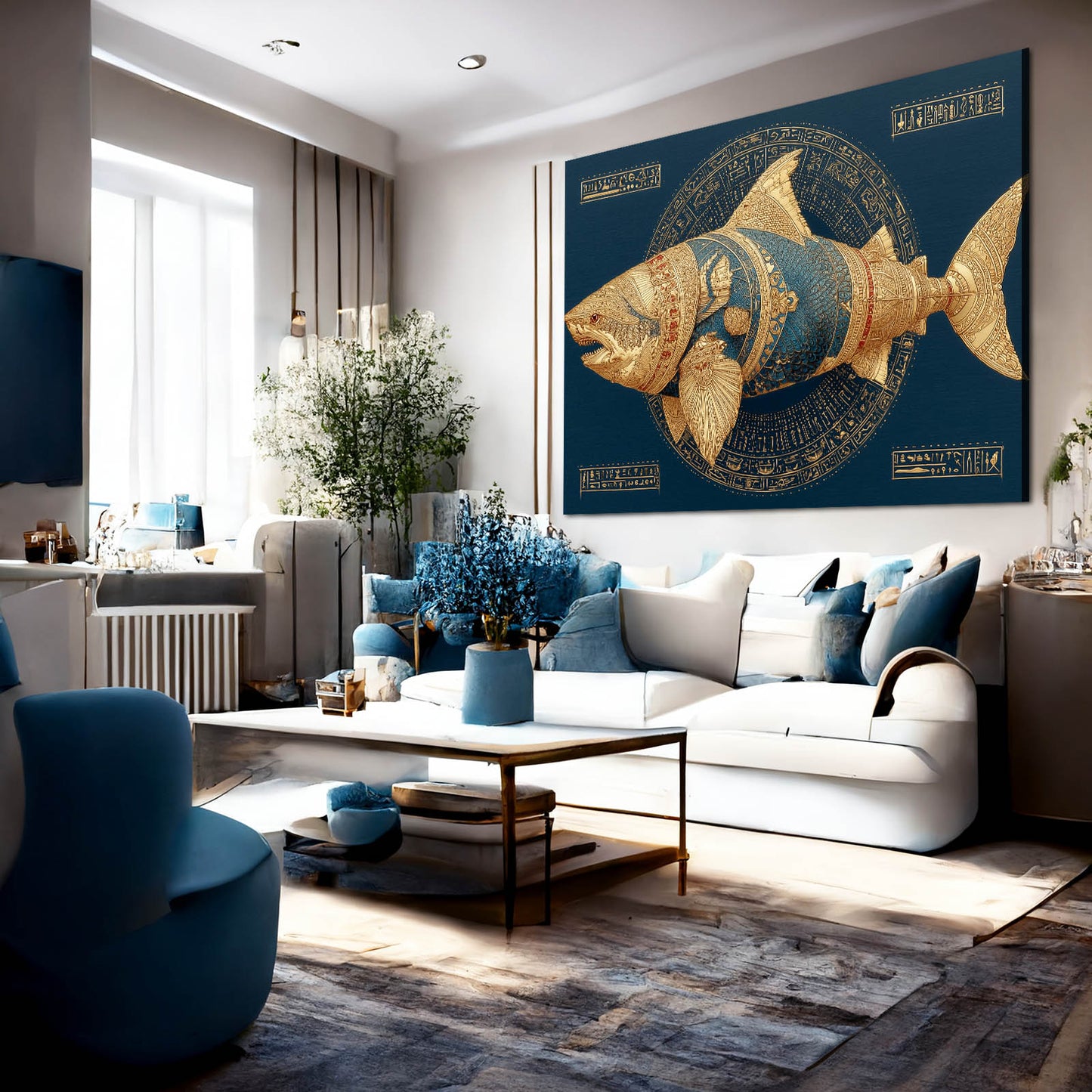 Ancient Gold Emblem Shark Art – styled in a furnished interior