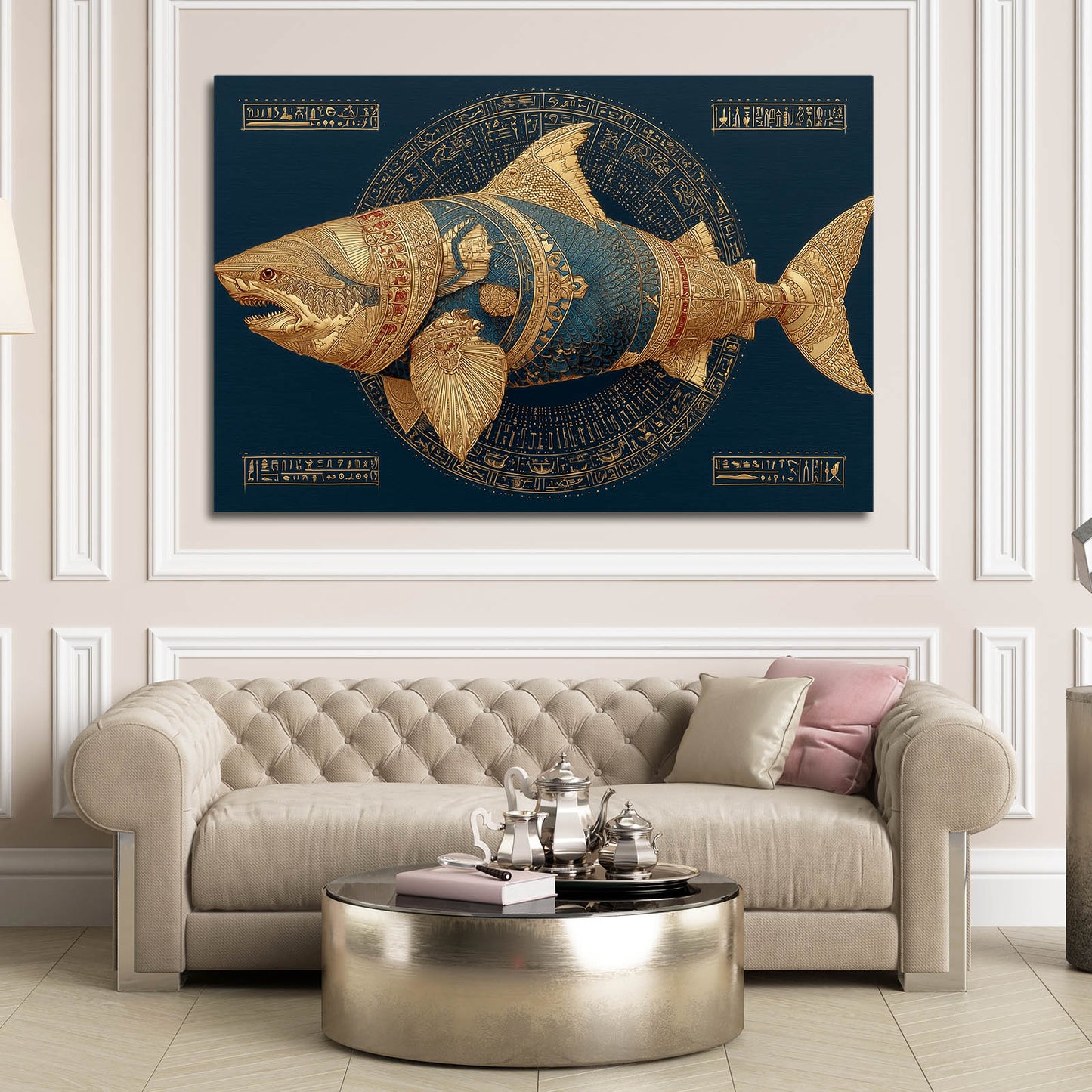 Ancient Gold Emblem Shark Art – styled in a furnished interior