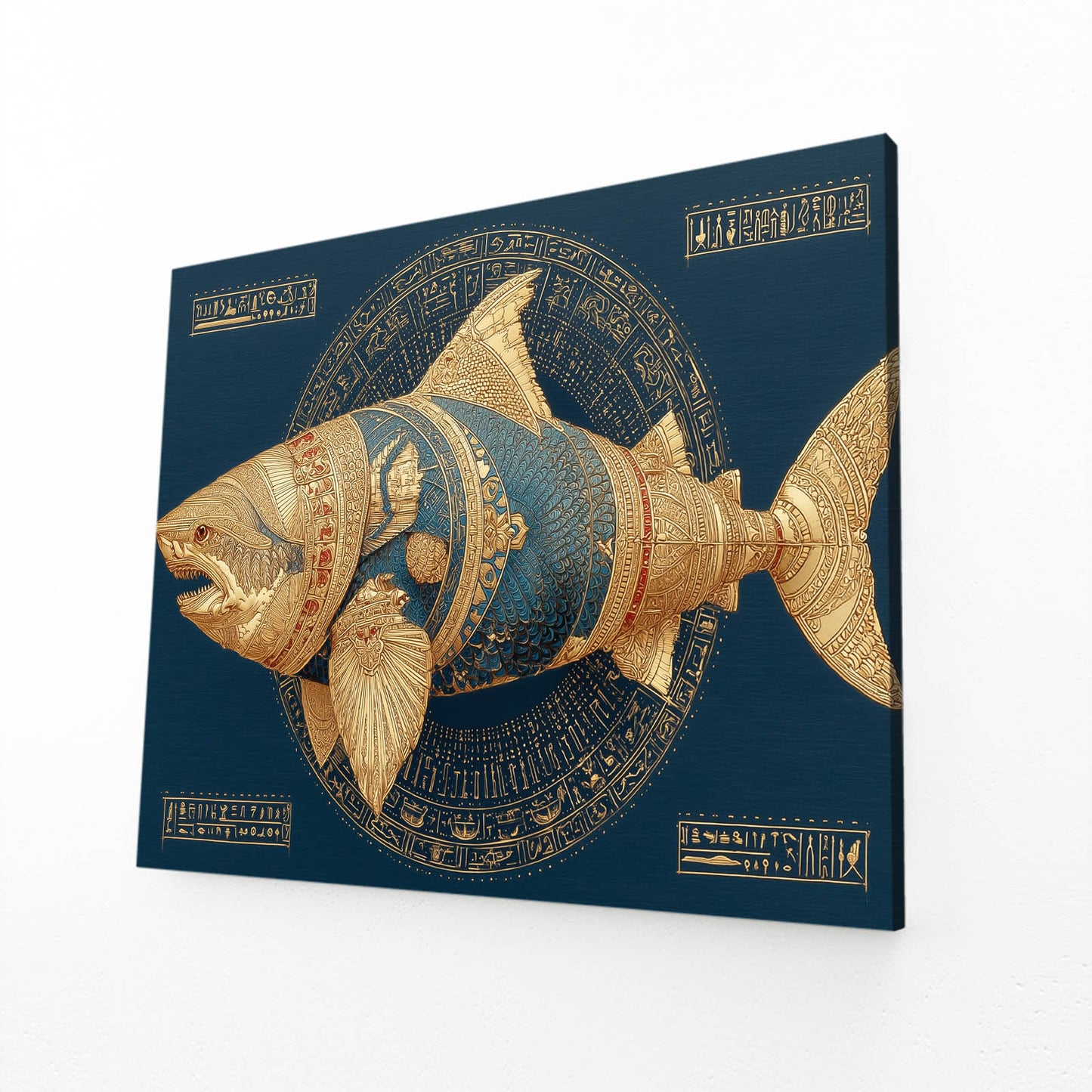 Ancient Gold Emblem Shark Art – angled canvas view on white background
