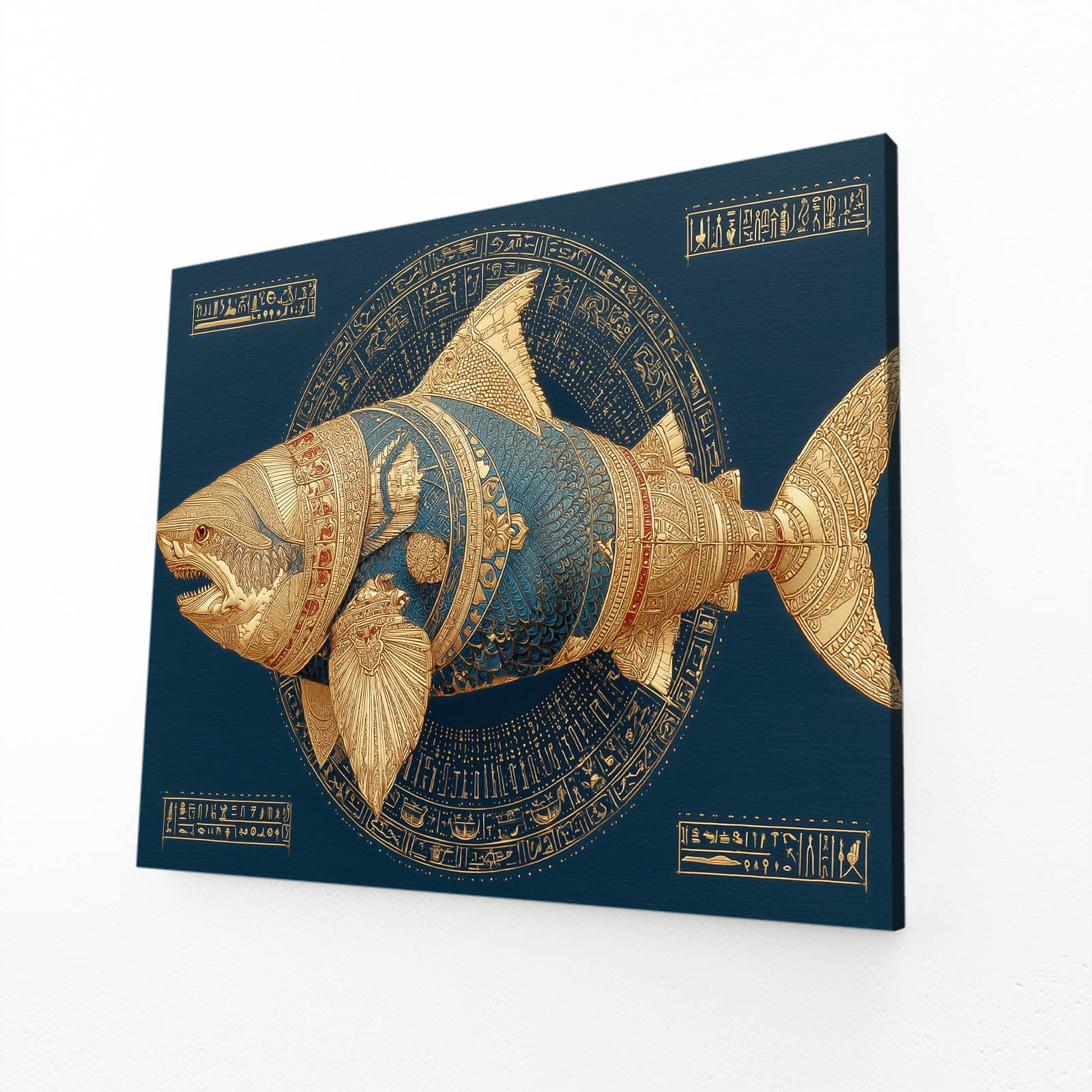 Ancient Gold Emblem Shark Art – angled canvas view on white background