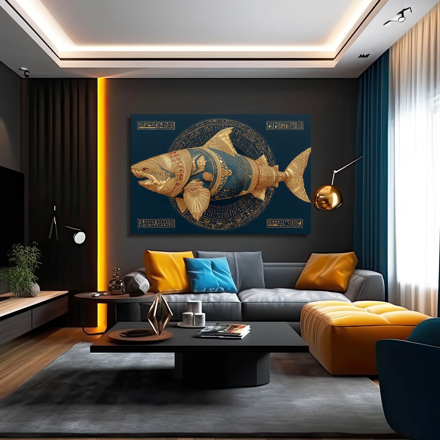 Ancient Gold Emblem Shark Art – styled in a furnished interior