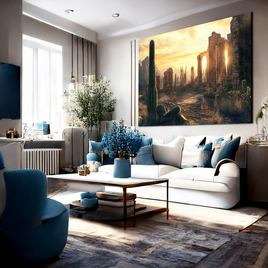 Ancient Ruins Sunset Cactus Prints — contemporary canvas print, styled in a furnished interior