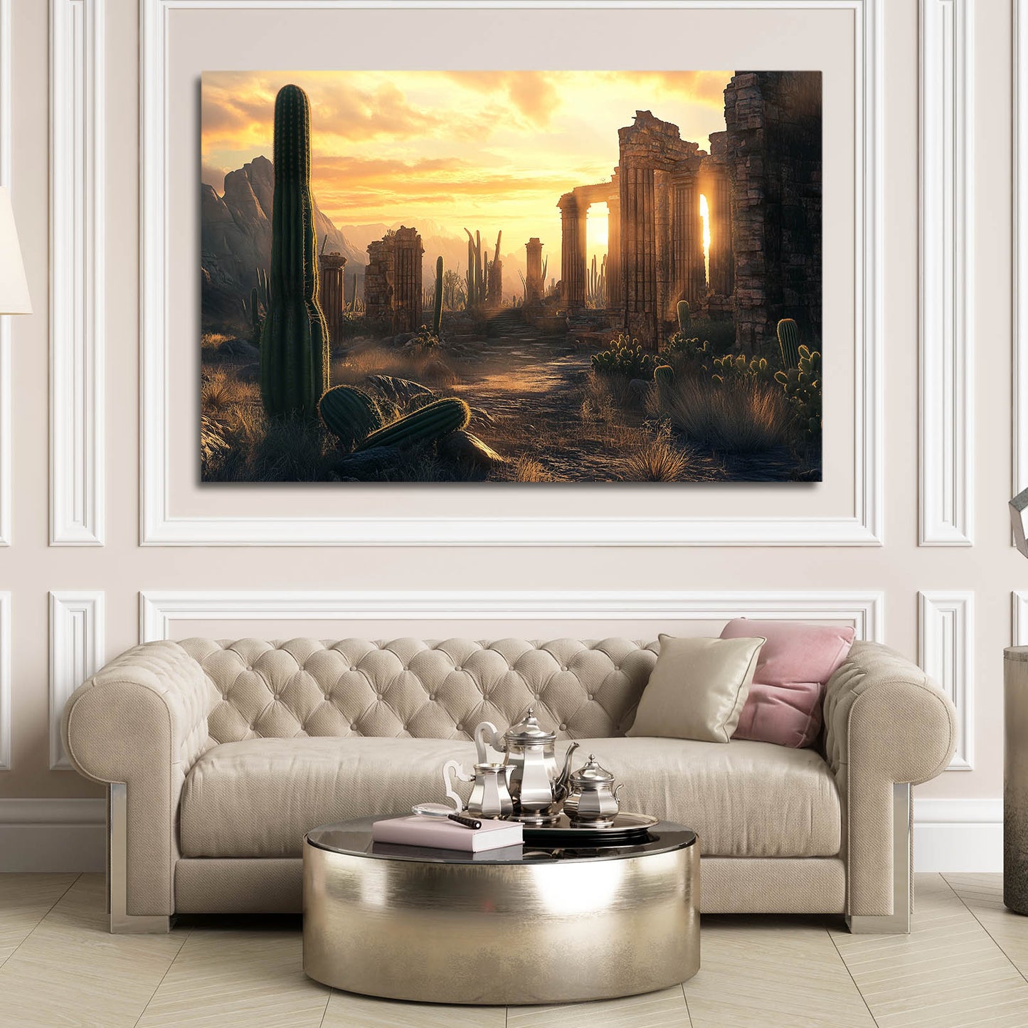 Ancient Ruins Sunset Cactus Prints – styled in a furnished interior