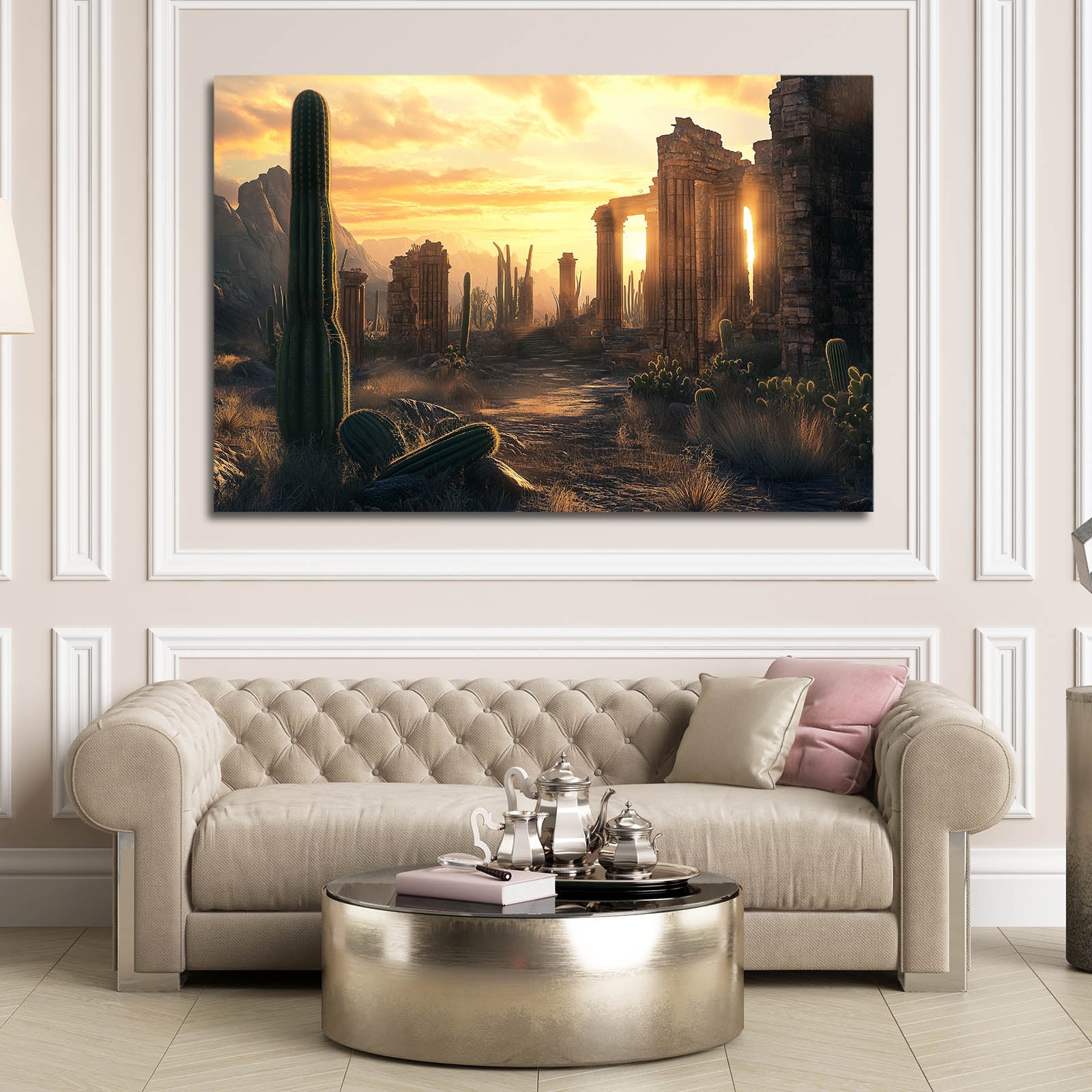 Ancient Ruins Sunset Cactus Prints – styled in a furnished interior