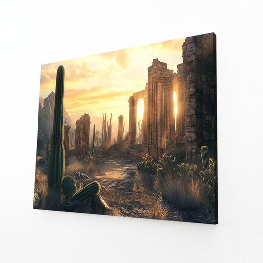 Ancient Ruins Sunset Cactus Prints — contemporary canvas print, angled canvas view on white background