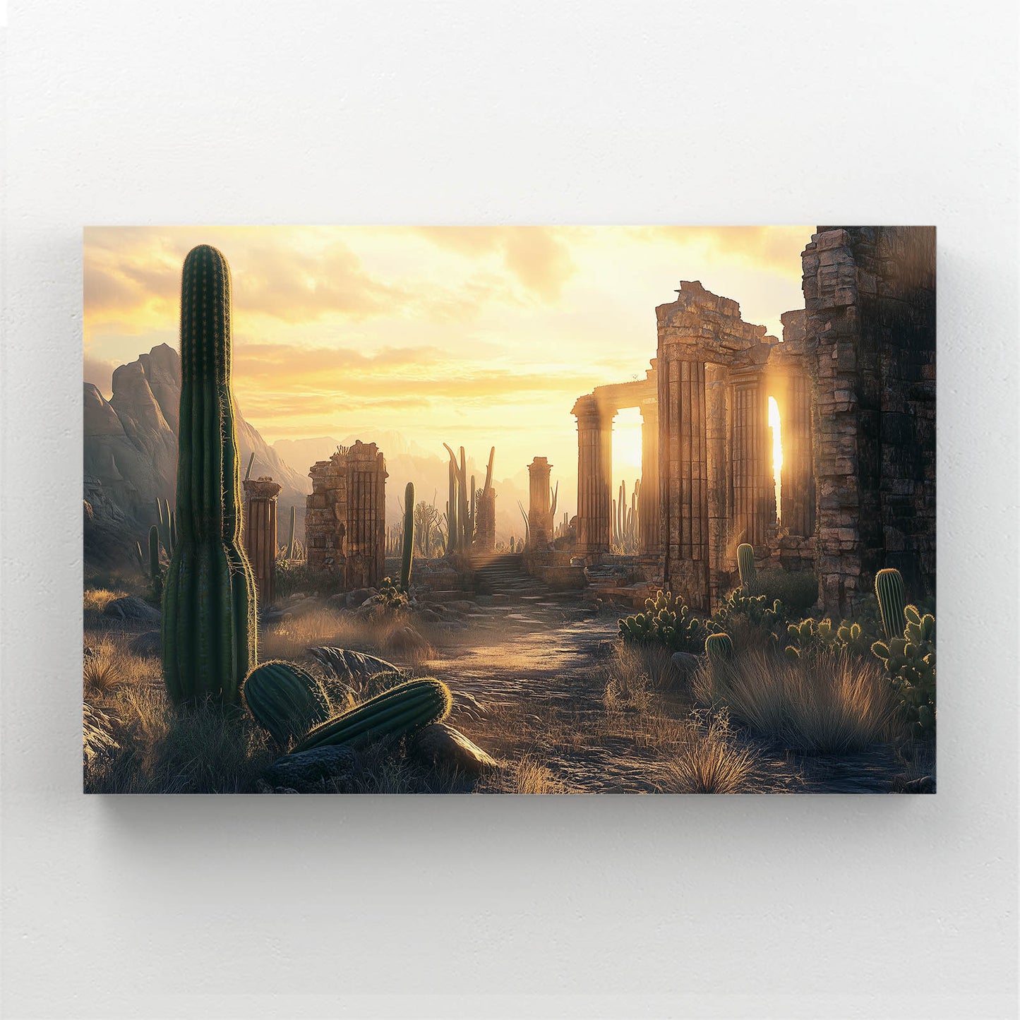 Ancient Ruins Sunset Cactus Prints – styled in a furnished interior