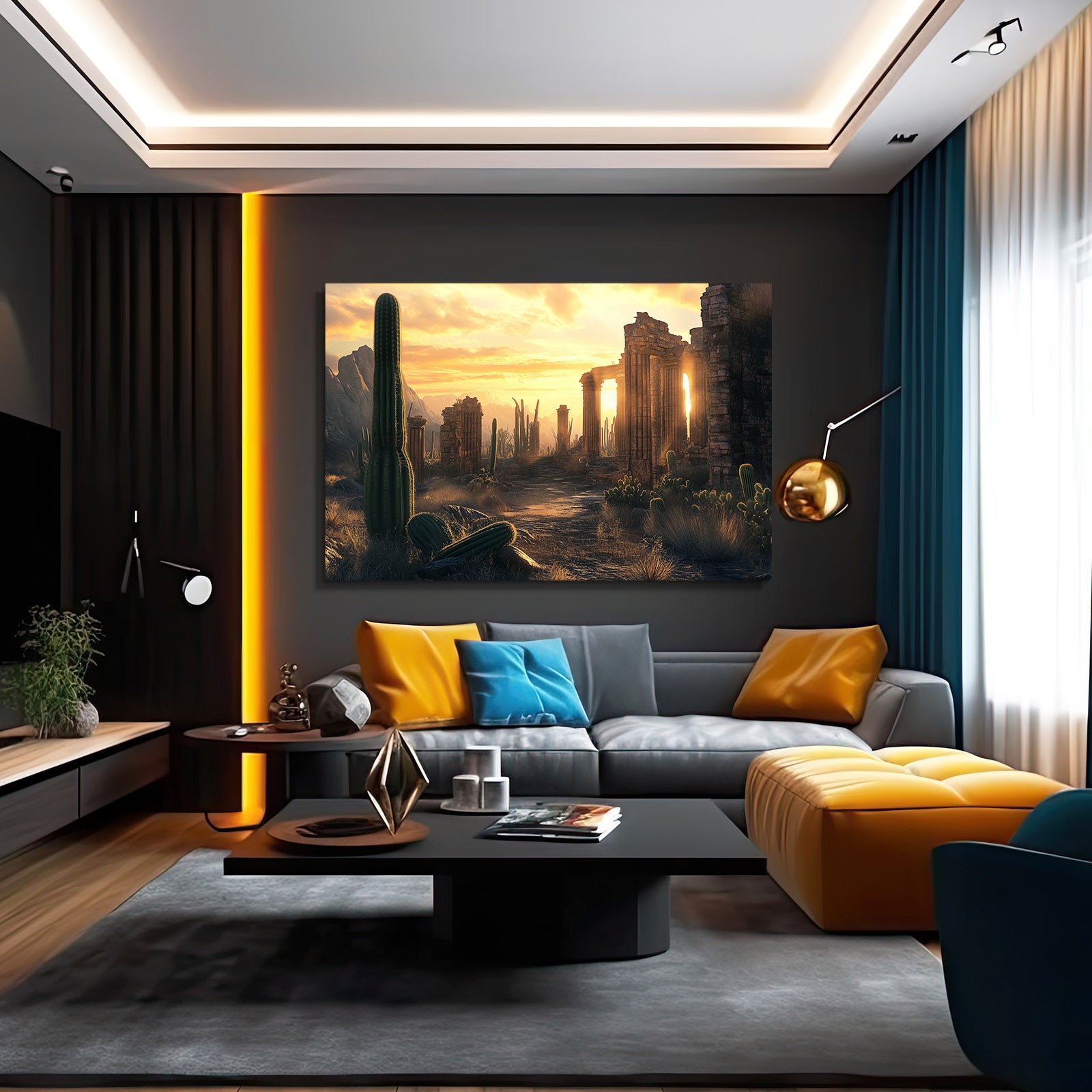Ancient Ruins Sunset Cactus Prints – styled in a furnished interior