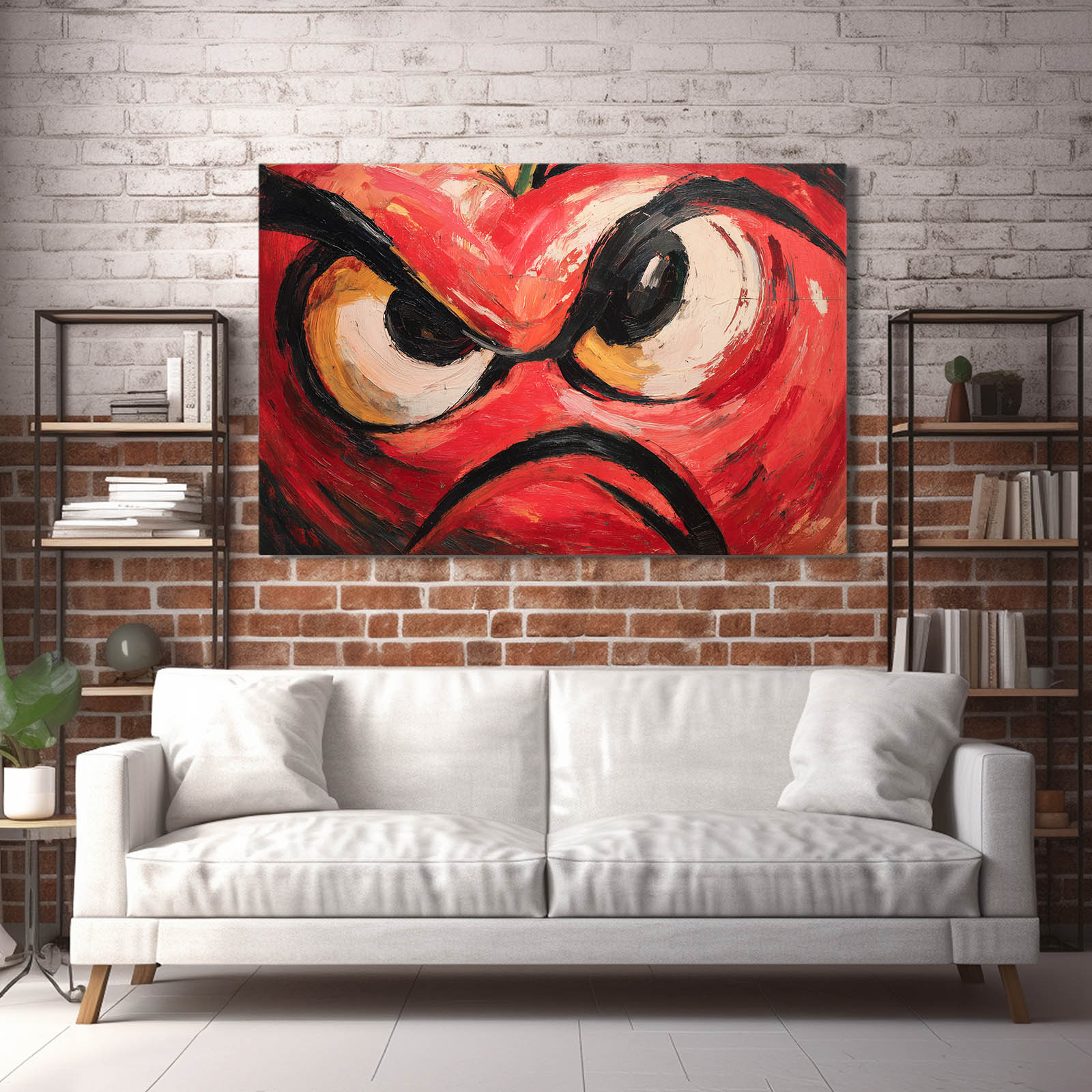Angry Fruit Face Wall Art – styled in a furnished interior