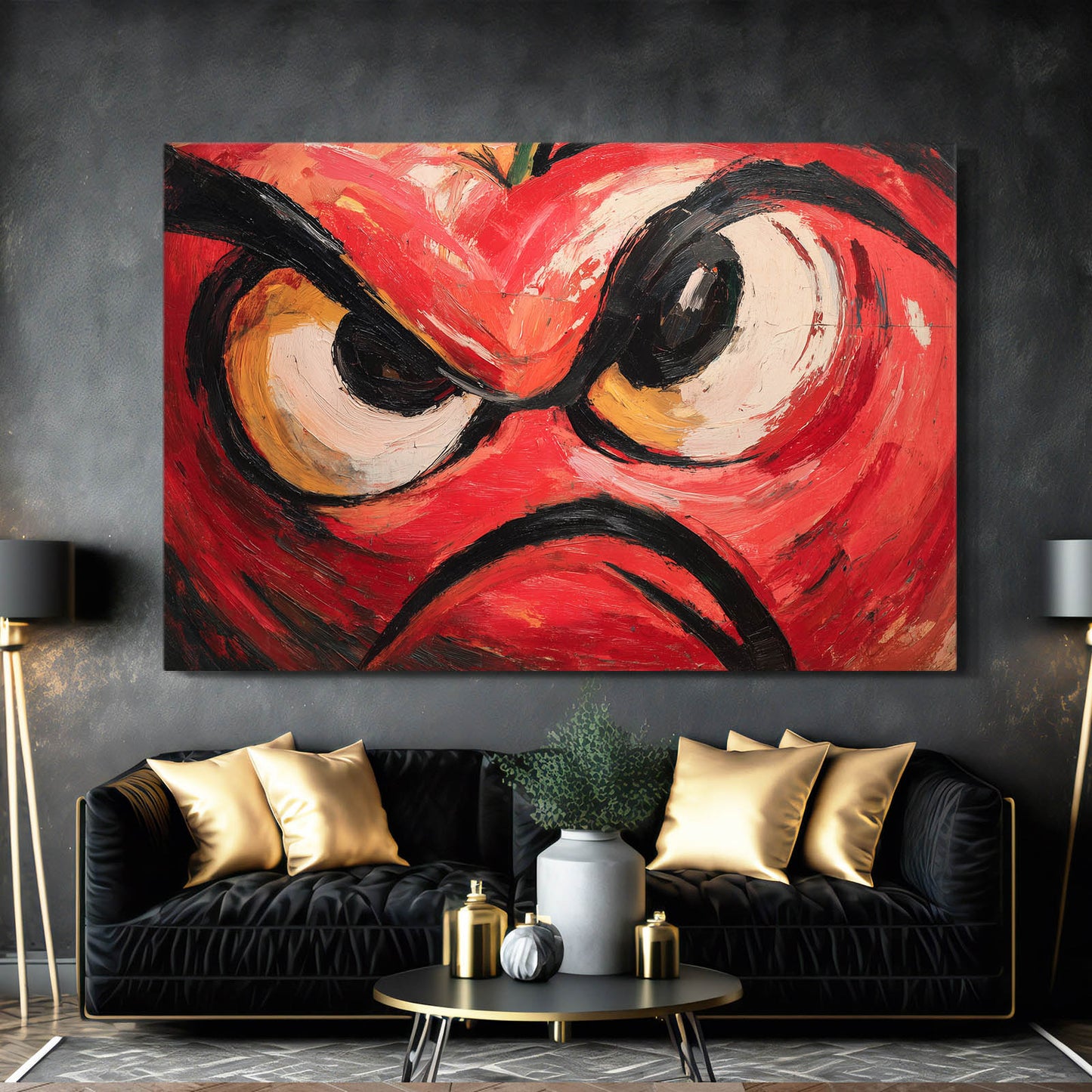 Angry Fruit Face Wall Art – styled in a furnished interior