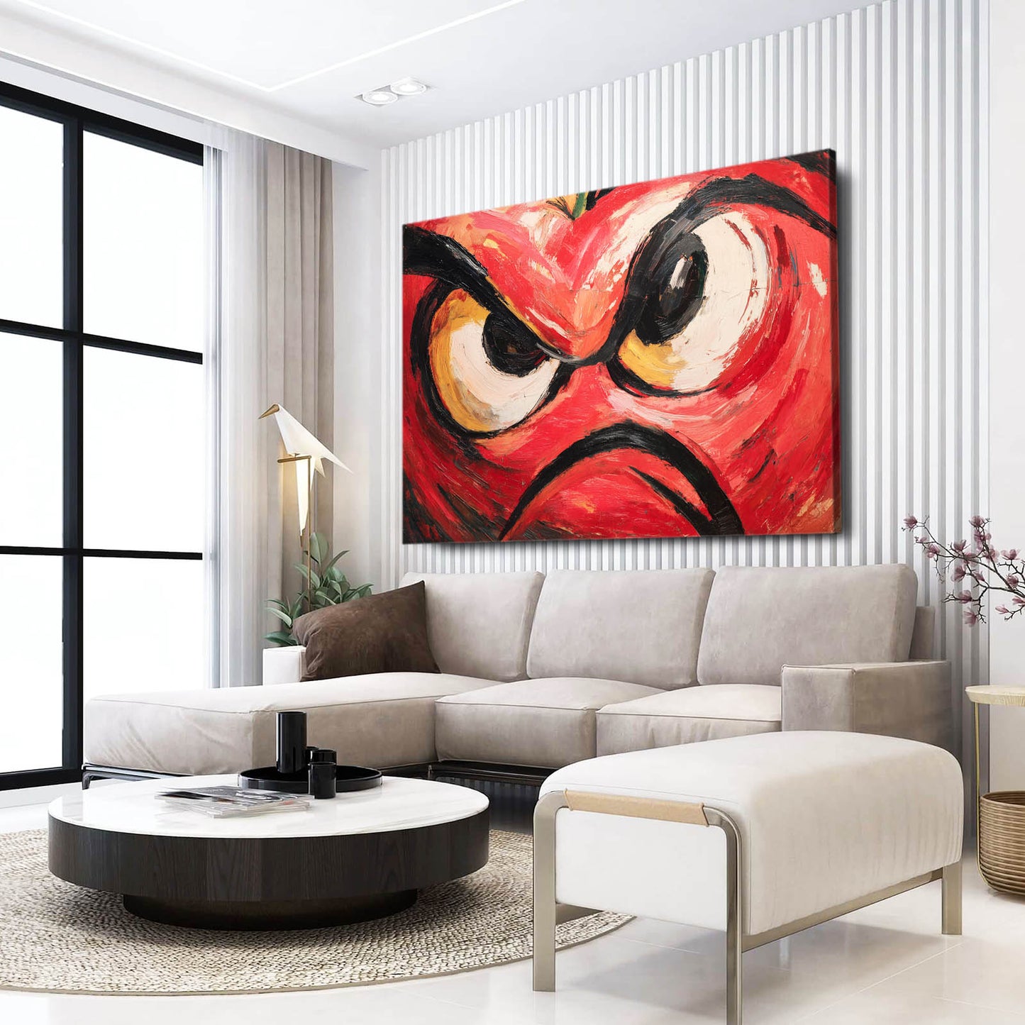 Angry Fruit Face Wall Art – styled in a furnished interior