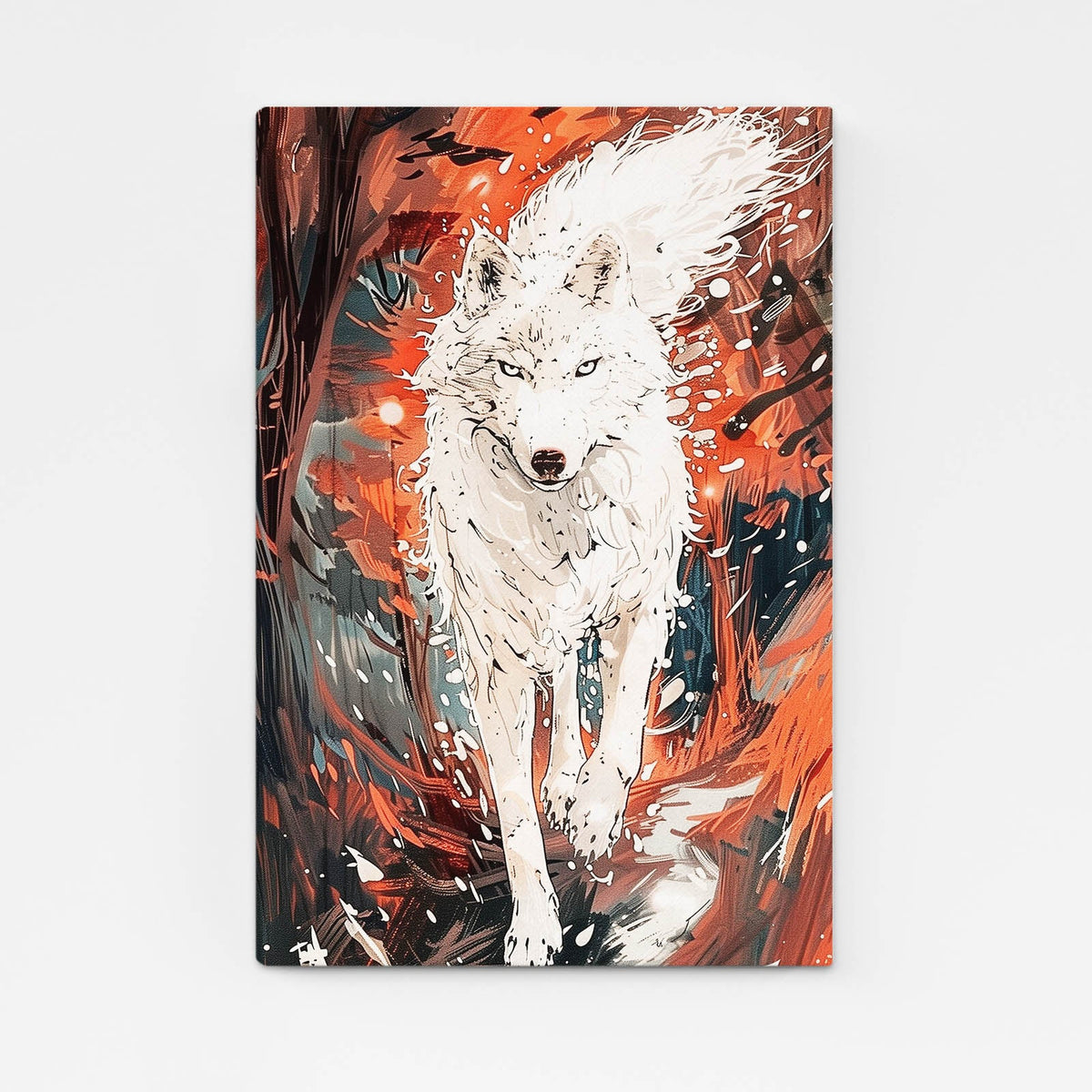 Anime Wolf Art — black and white canvas print in red tones, angled canvas view on white background