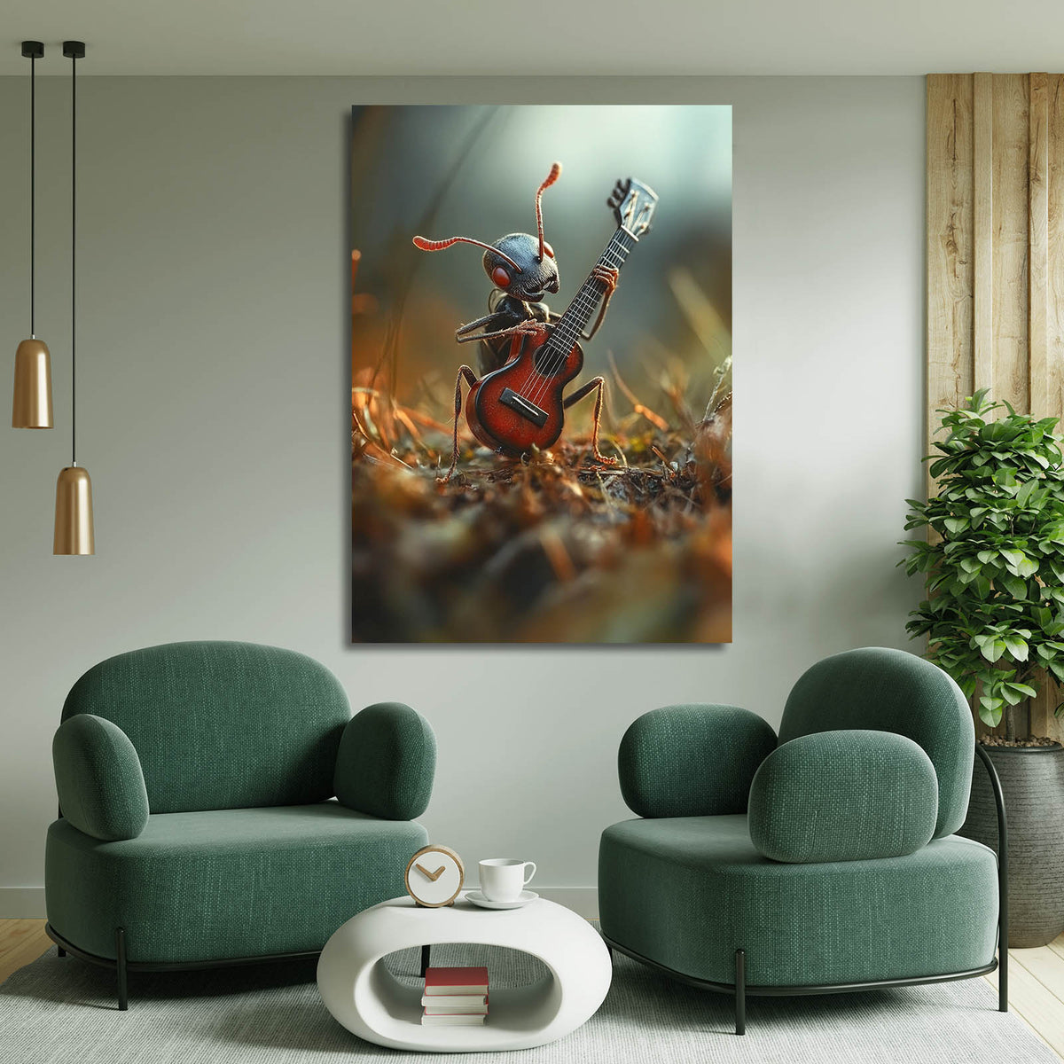 Ant Guitar Serenade Cool Art — realism canvas print, styled in a furnished interior