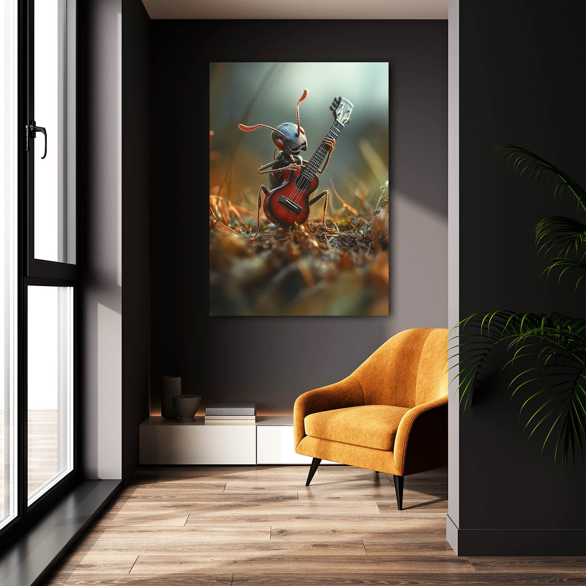 Ant Guitar Serenade Cool Art — realism canvas print, styled in a furnished interior