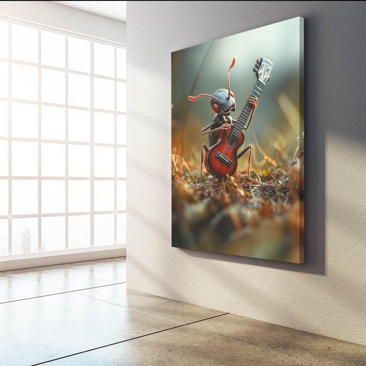 Ant Guitar Serenade Cool Art — realism canvas print, styled in a furnished interior