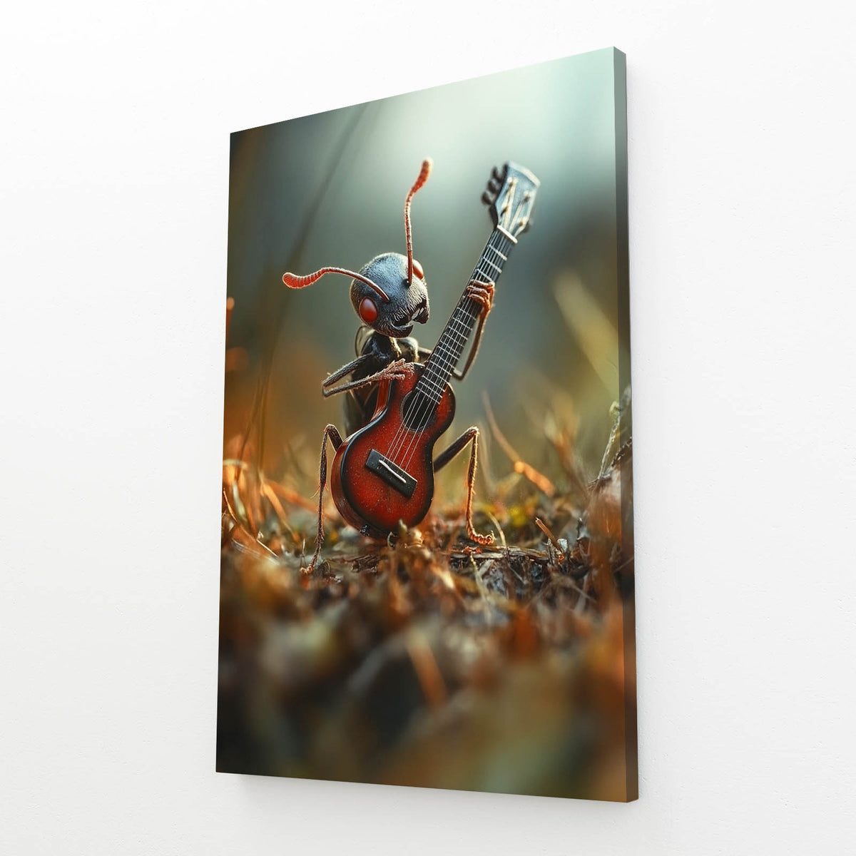 Ant Guitar Serenade Cool Art — realism canvas print, angled canvas view on white background