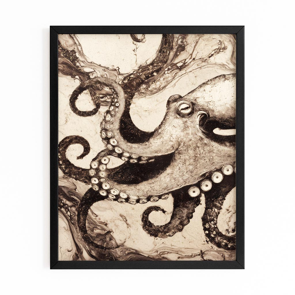 Antique Ink Plate Octopus Wall Decor – with Premium Black frame on white background