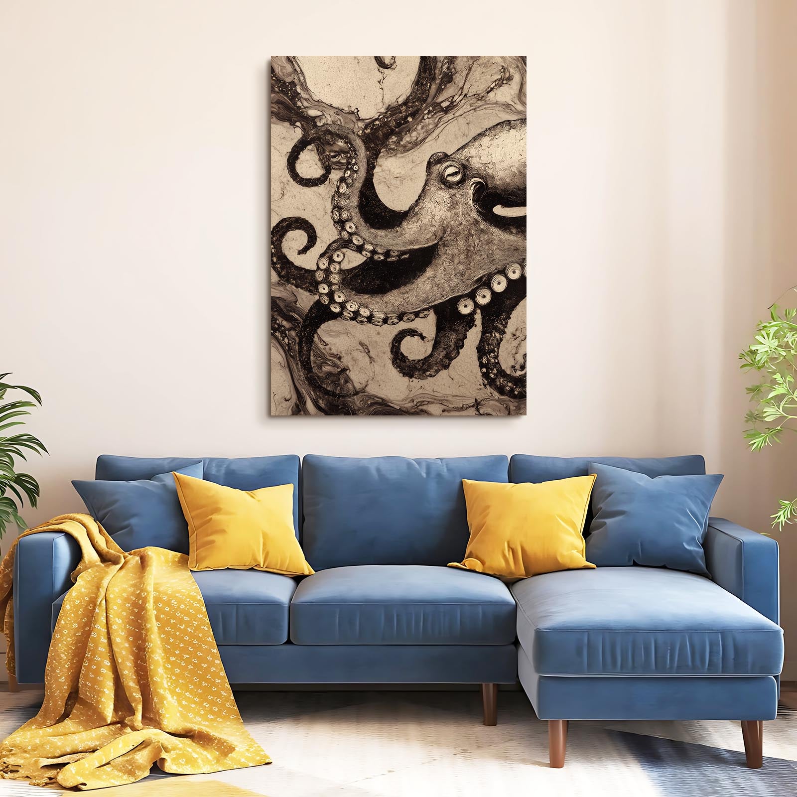 Antique Ink Plate Octopus Wall Decor – styled in a furnished interior