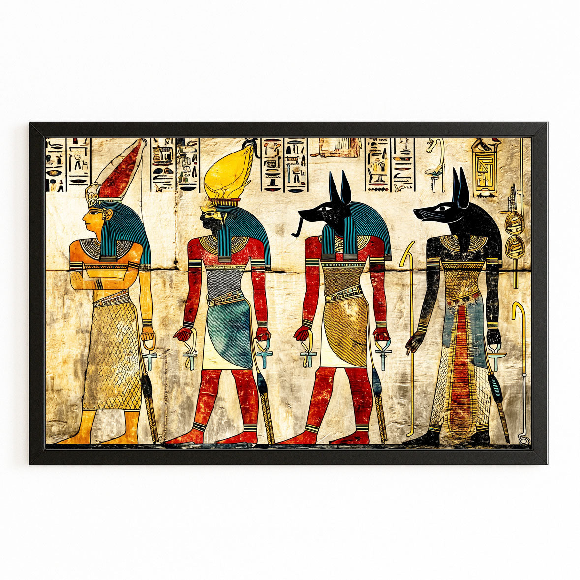 Anubis And Gods Illustration Egyptian Canvas Art – with Premium Black frame on white background