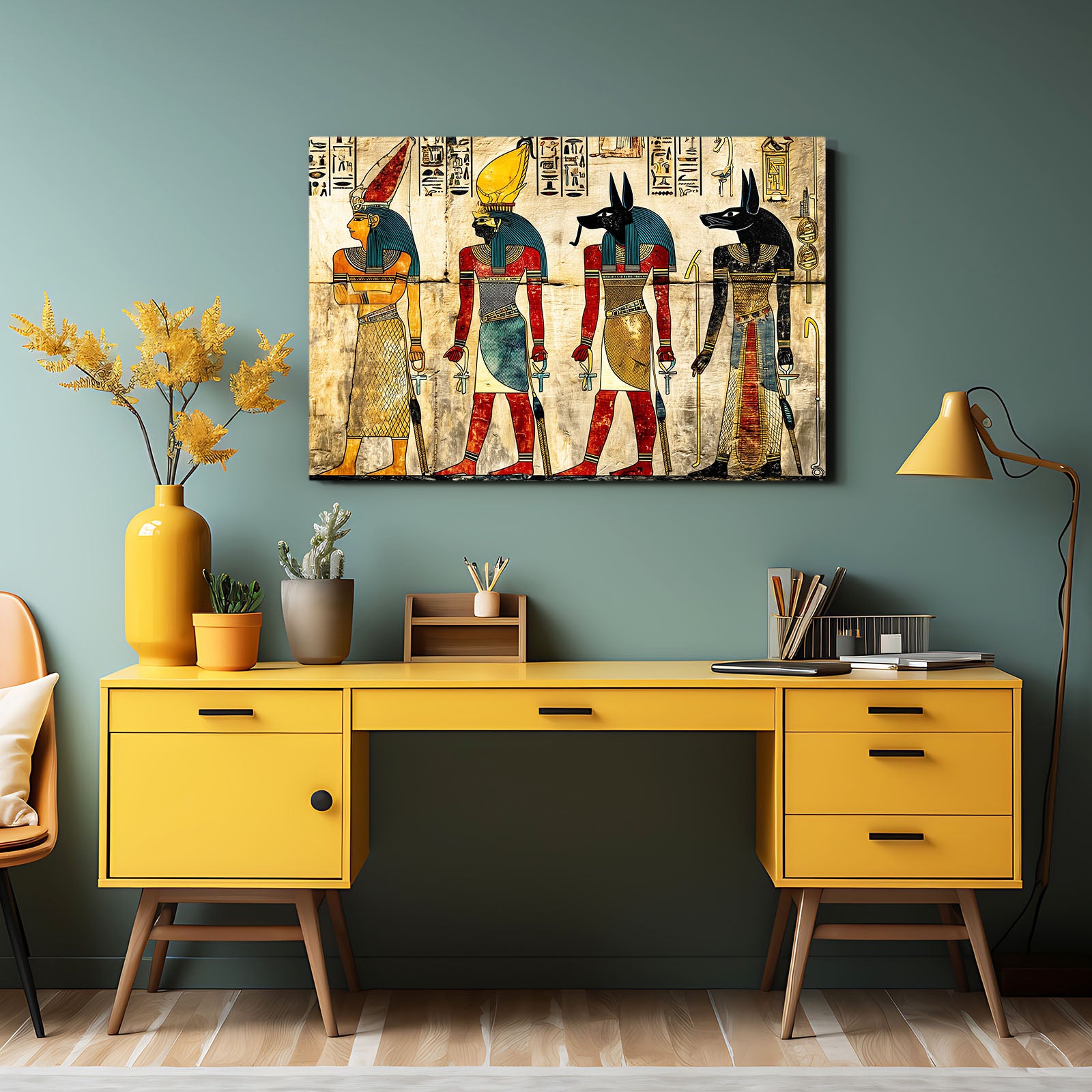 Anubis And Gods Illustration Egyptian Canvas Art – styled in a furnished interior