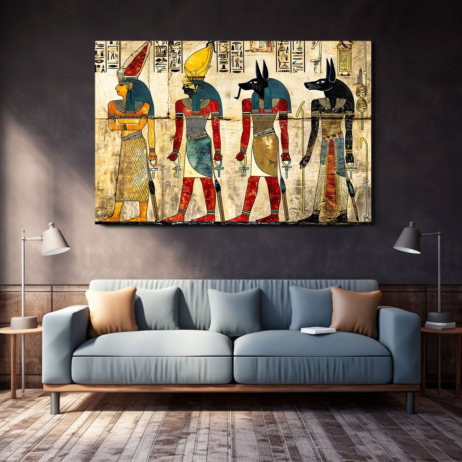 Anubis And Gods Illustration Egyptian Canvas Art – styled in a furnished interior