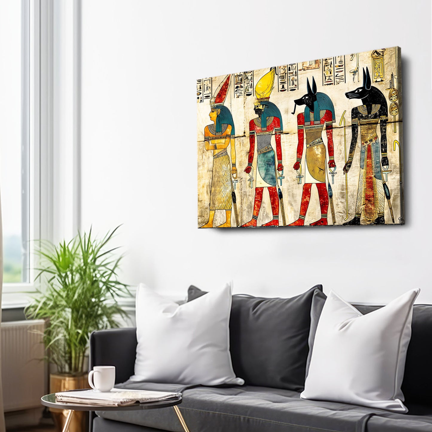 Anubis And Gods Illustration Egyptian Canvas Art – styled in a furnished interior