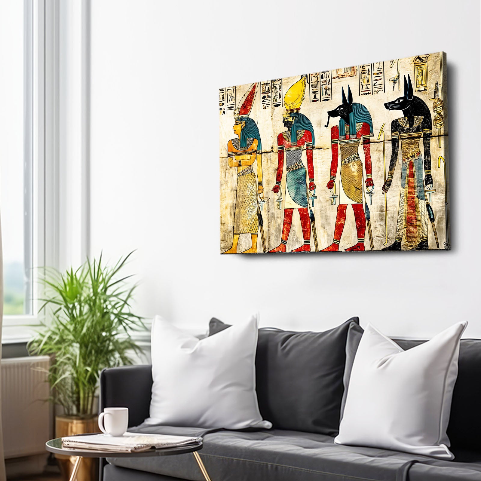 Anubis And Gods Illustration Egyptian Canvas Art – styled in a furnished interior
