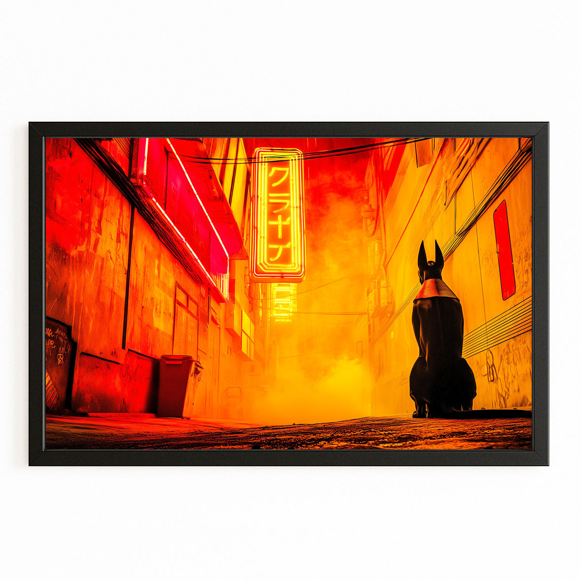 Anubis Neon Street Egyptian Wall Art – with Premium Black frame on white background