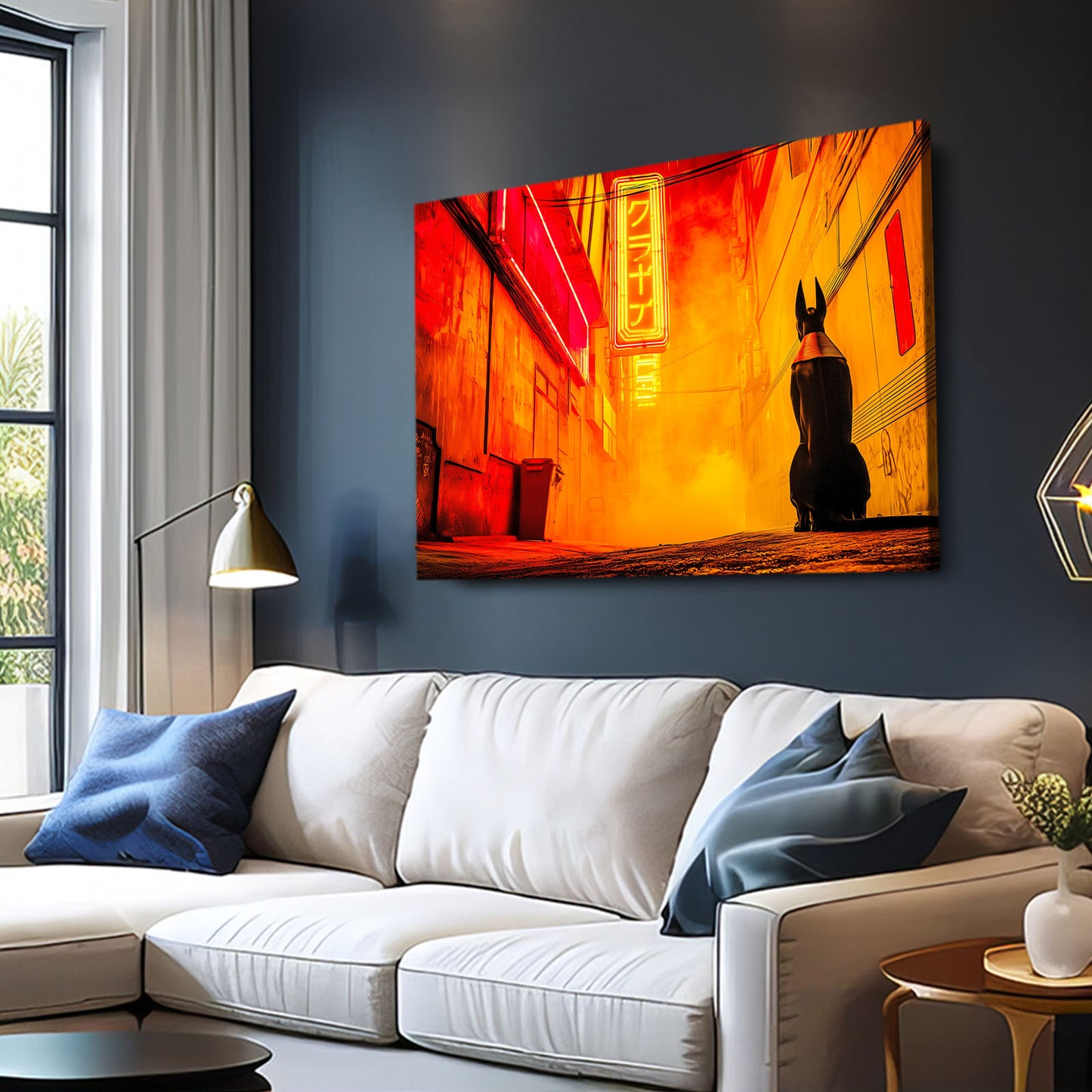 Anubis Neon Street Egyptian Wall Art – styled in a furnished interior