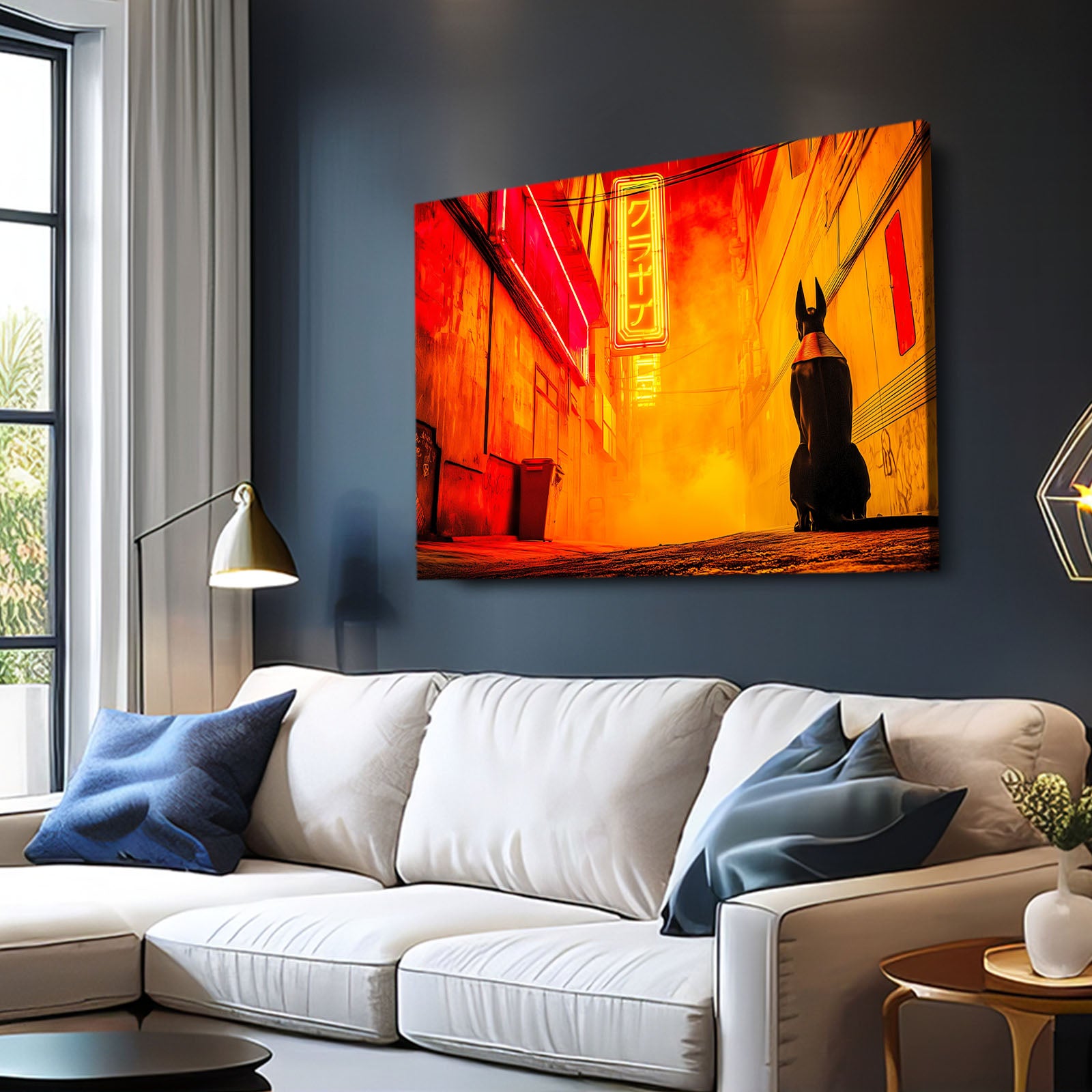 Anubis Neon Street Egyptian Wall Art – styled in a furnished interior