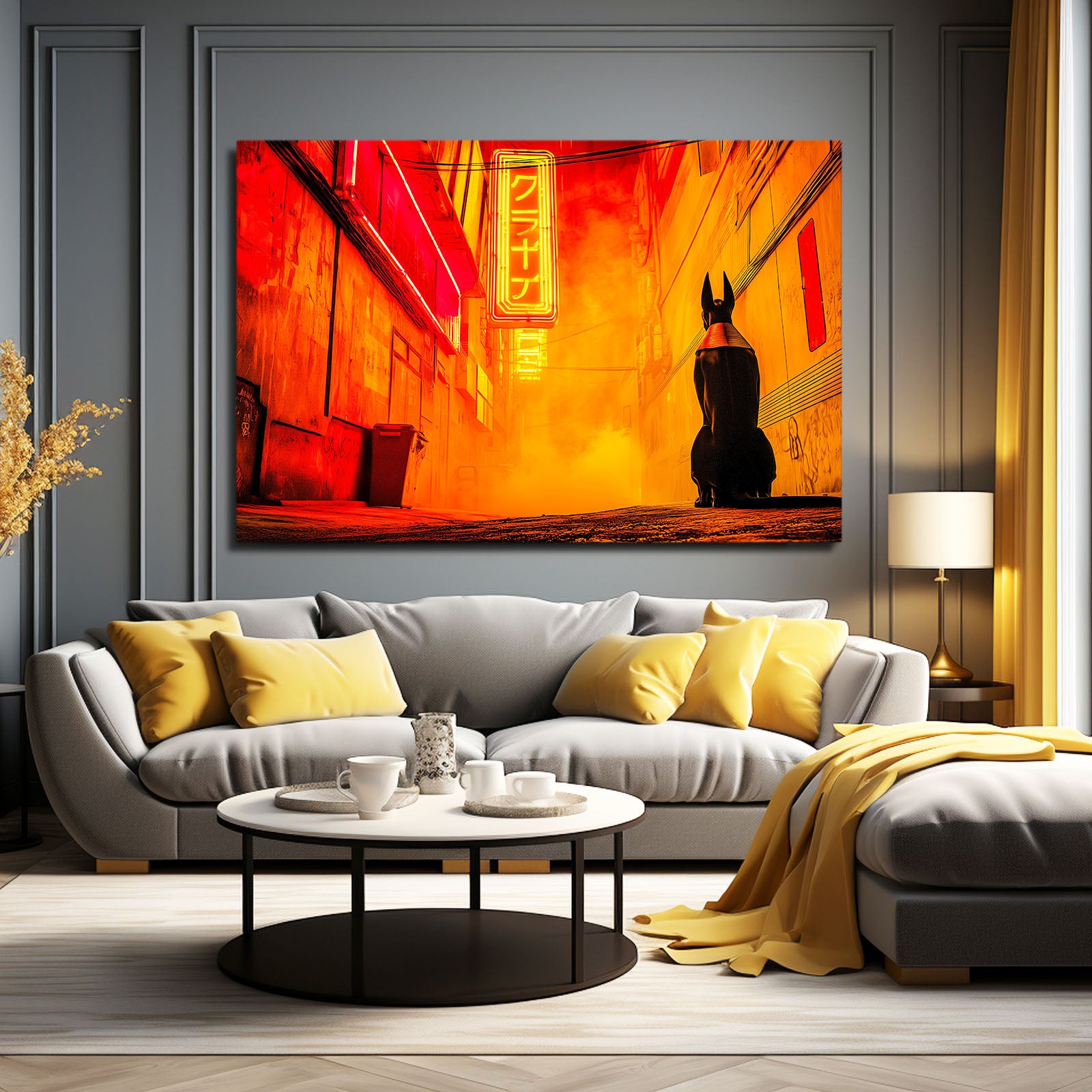 Anubis Neon Street Egyptian Wall Art – styled in a furnished interior