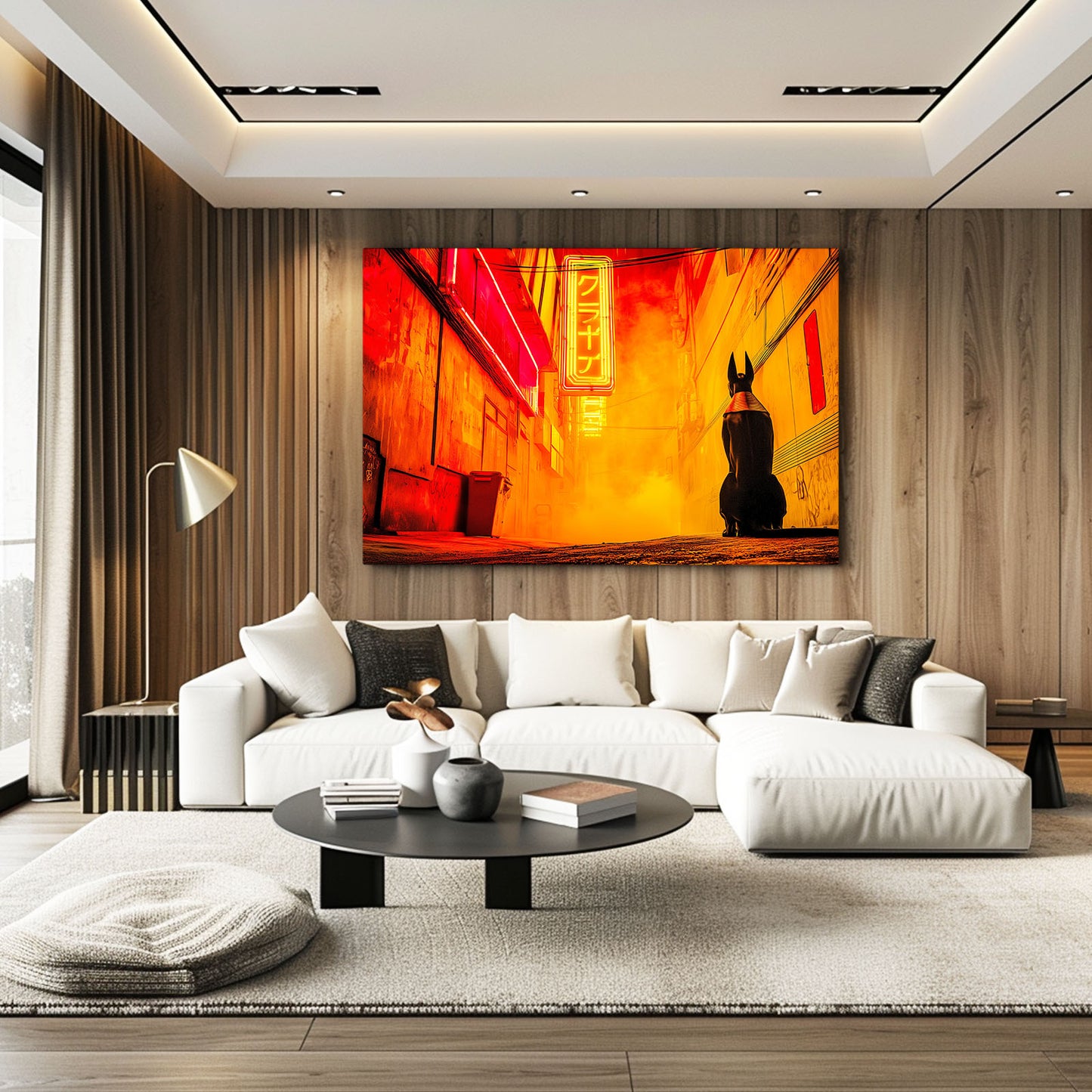 Anubis Neon Street Egyptian Wall Art – styled in a furnished interior