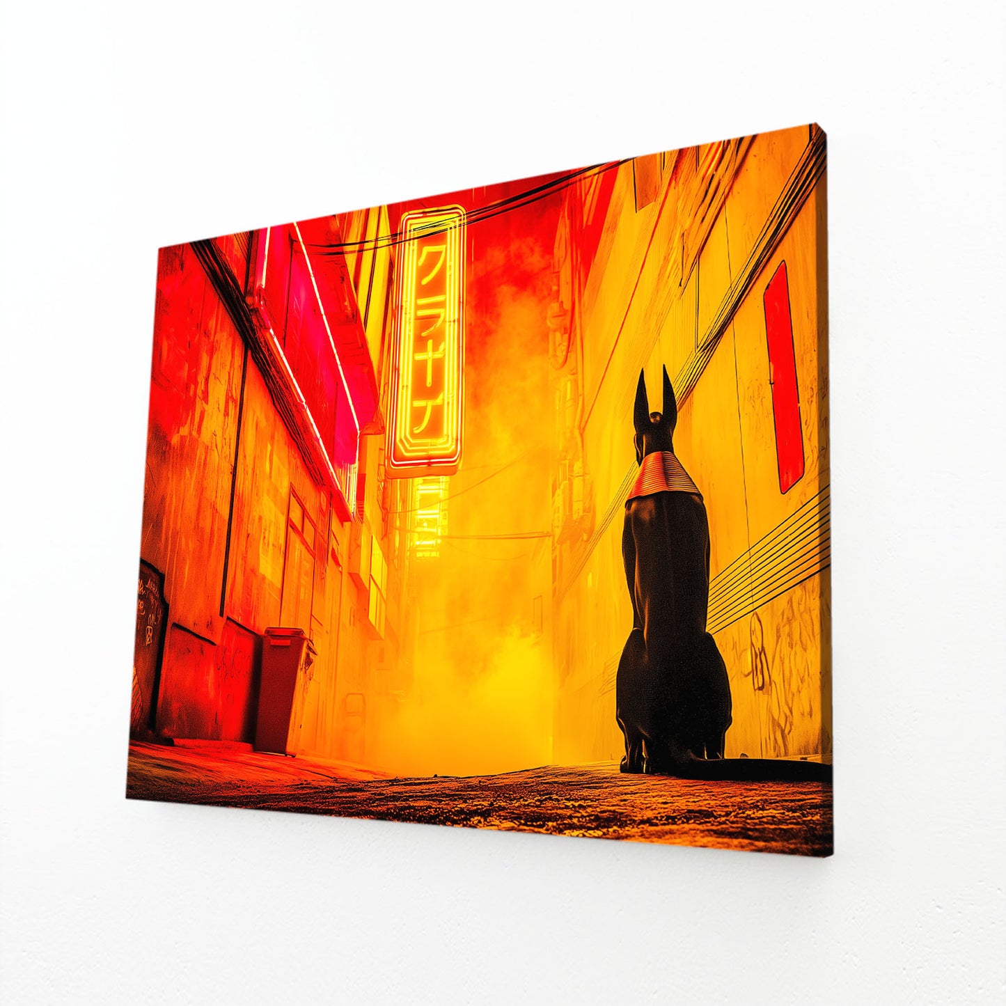 Anubis Neon Street Egyptian Wall Art – angled canvas view on white background