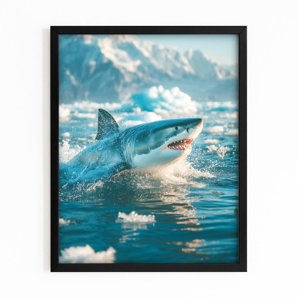 Arctic Breach Shark Canvas Art – with Premium Black frame on white background