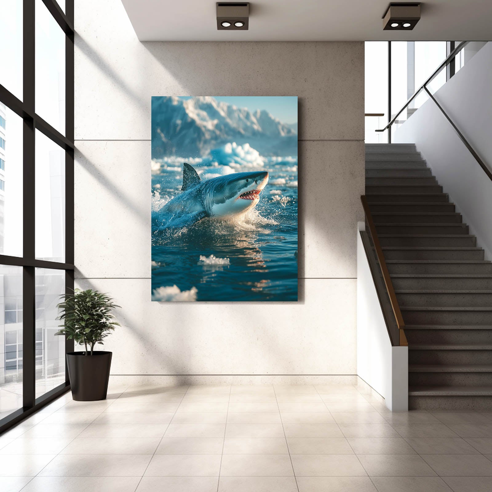 Arctic Breach Shark Canvas Art – styled in a furnished interior