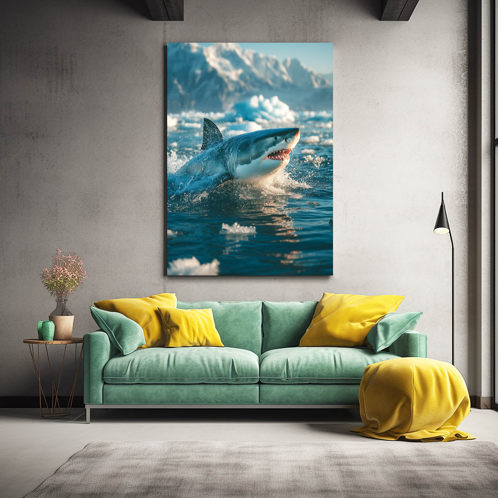 Arctic Breach Shark Canvas Art – styled in a furnished interior