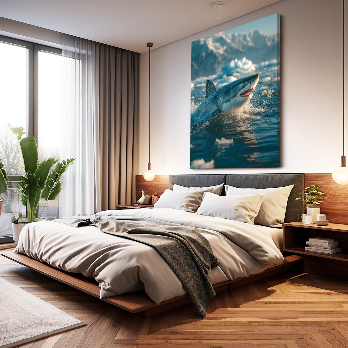 Arctic Breach Shark Canvas Art – styled in a furnished interior